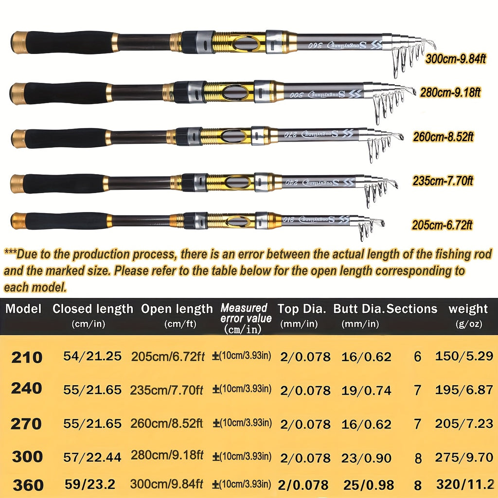 [Quality Construction] Sougayilang Ultralight Carbon Fiber Spinning Fishing Rod - Portable, Medium Action, 204.83-299.92cm Extendable Length, Black & Golden with Comfort Grip Handle - Ideal for All Anglers