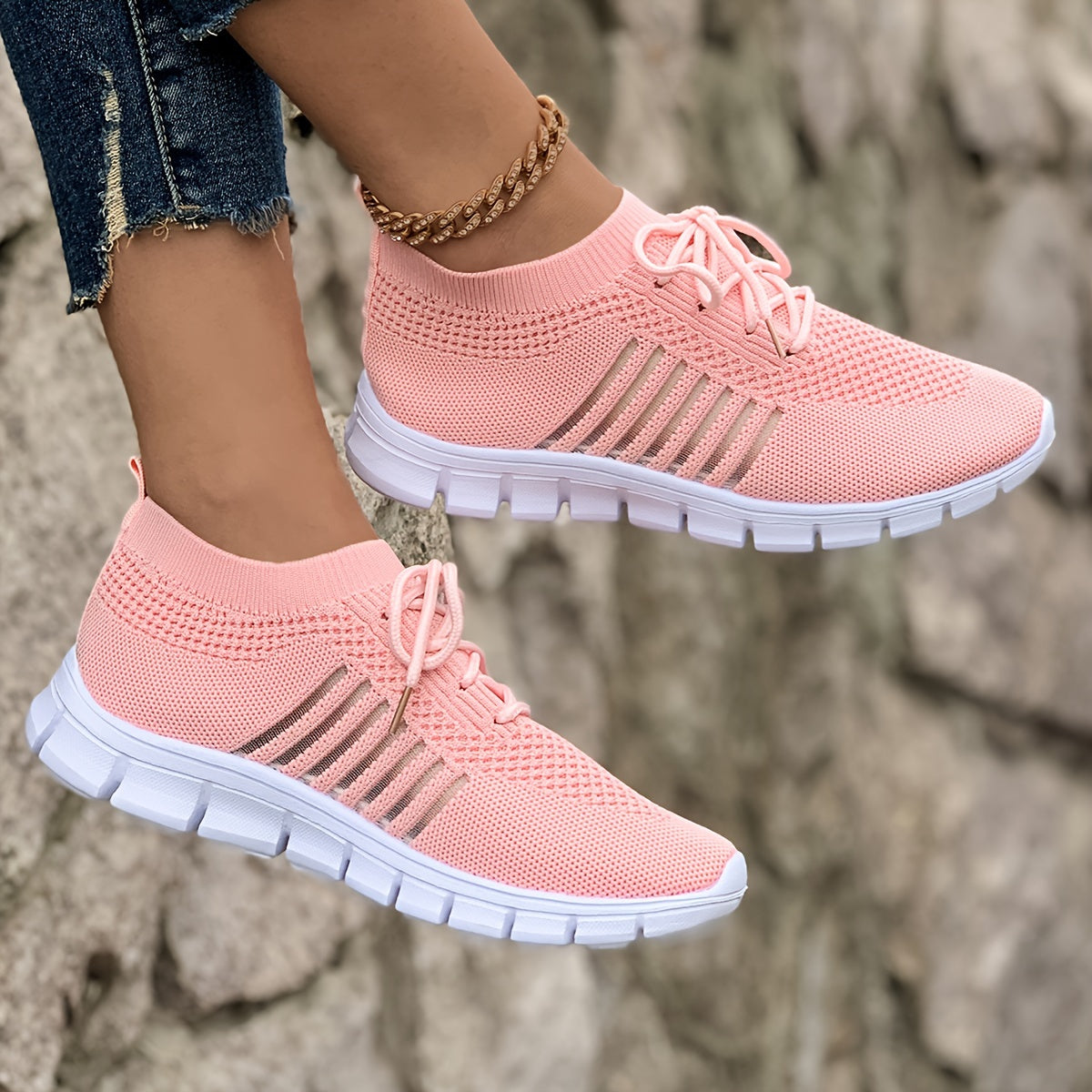 Women's Lightweight Knit Sneakers, Breathable Low-Top Lace-Up Casual Running Footwear, Fabric Upper and PU Cover Sole, Vibrant Color Sneakers, Versatile Running Shoes