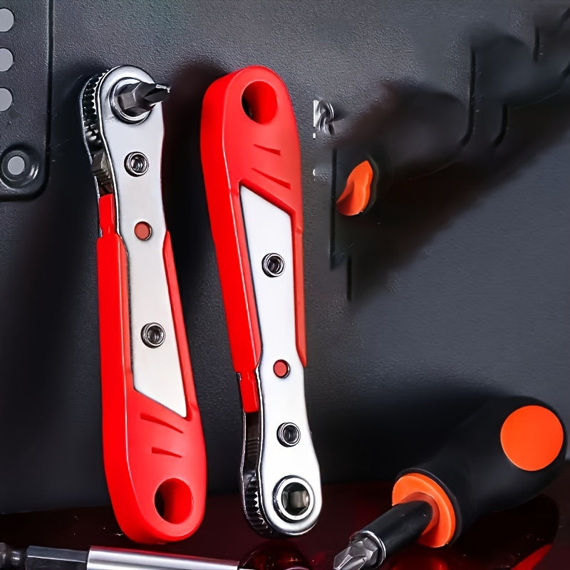 1pc Red Steel Multi-Function Screwdriver with Ratchet, Elbow Wrench, Right Angle Bender, Cross Head Set - Narrow Space Compatible, Manual Uncharged Tool, No Battery Required