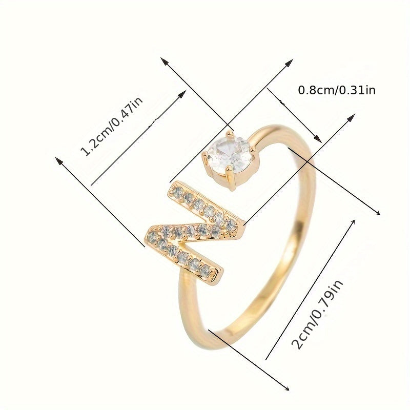 Adjustable Copper Ring With Four-claw Round Zirconia, Featuring The 26 English Letters Of Fashion Trend.