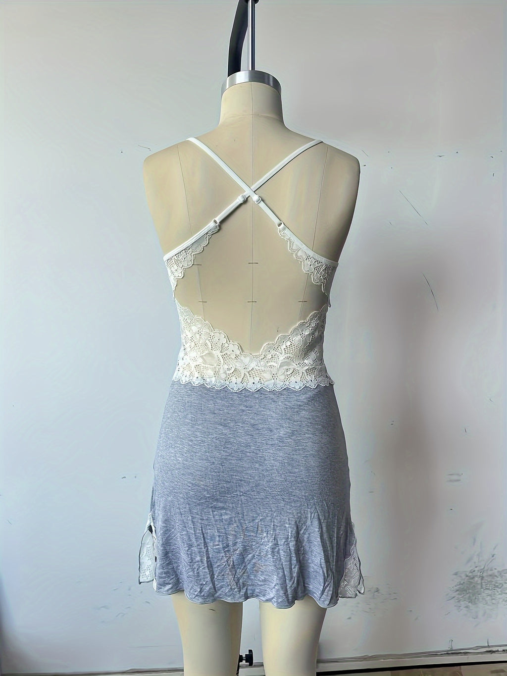 Women'S Elegant Lace Trim V-Neck Bathrobe - Navy Blue Geometric Pattern Open Front Sleepshirt, Soft Breathable Fabric for Spring/Fall, Cozy Loungewear & Spa-Style Comfort, Ladies Bathrobe, Comfortable Loungewear, Sophisticate