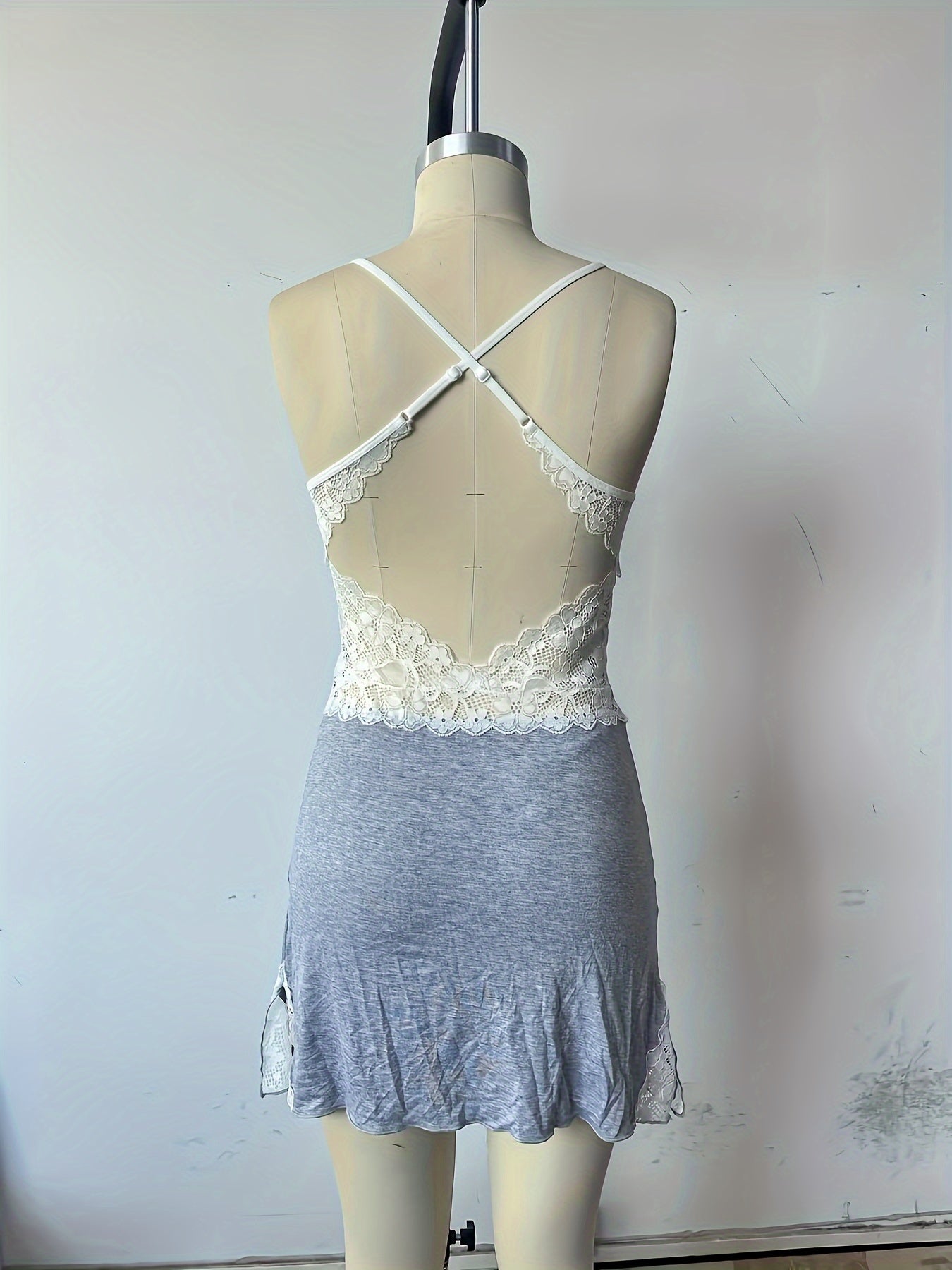 Women'S Elegant Lace Trim V-Neck Bathrobe - Navy Blue Geometric Pattern Open Front Sleepshirt, Soft Breathable Fabric for Spring/Fall, Cozy Loungewear & Spa-Style Comfort, Ladies Bathrobe, Comfortable Loungewear, Sophisticate