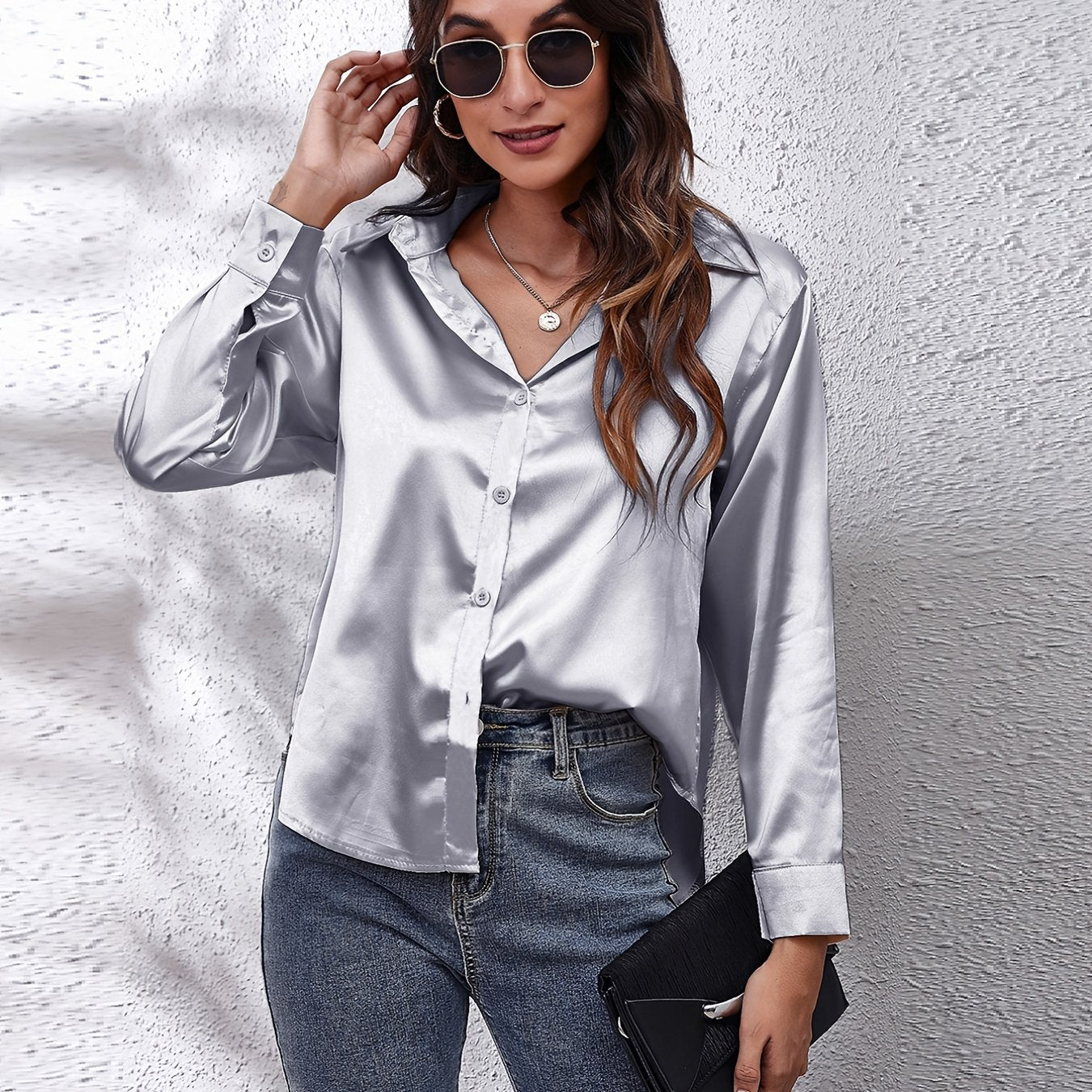 Solid Color Long Sleeve Button Down Tops, Business Casual Blouses For All Seasons, Women's Clothing