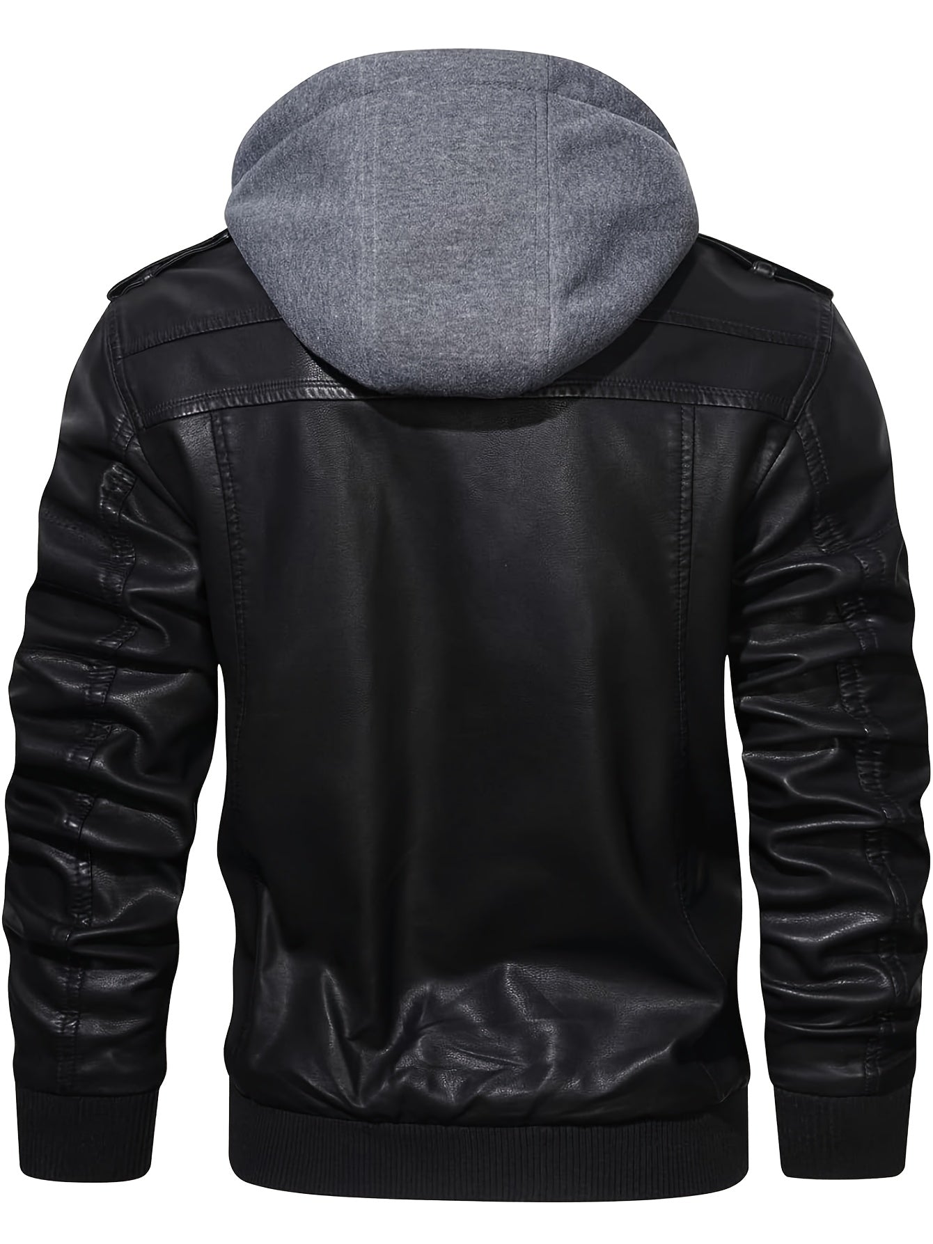 Men's PU Leather Hooded Pockets Zipper Long Sleeves Jackets