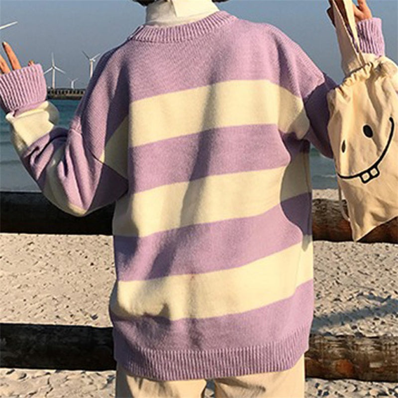 Kawaii Round Neck Striped Pullover Sweater, Casual Every Day Top For Winter & Fall, Women's Clothing