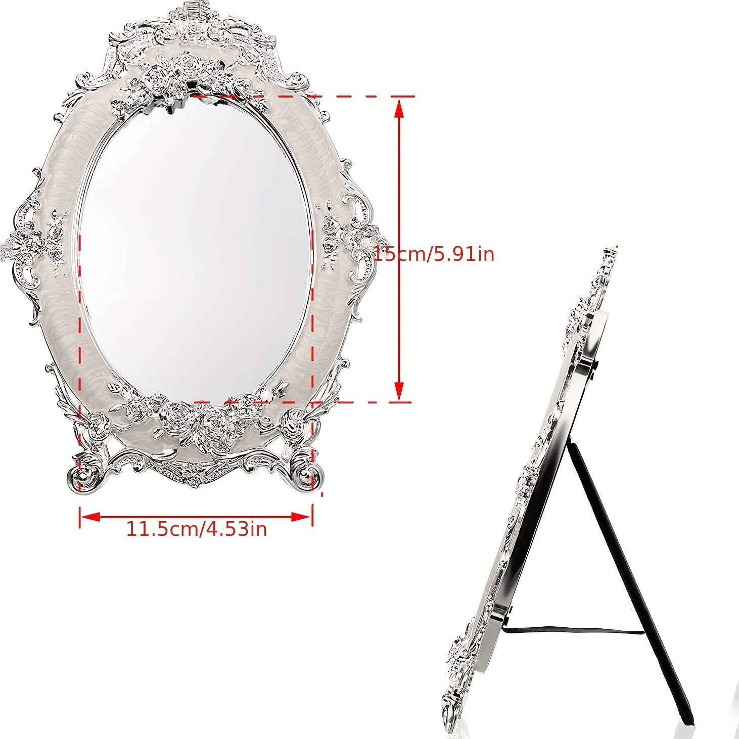 Rose Embossed Antique Oval Mirror with Stand - Vintage Tabletop Mirror for Home, Bedroom, Dressers, Living Room, Bathroom - Decorative Metal Countertop Vanity Makeup Mirror