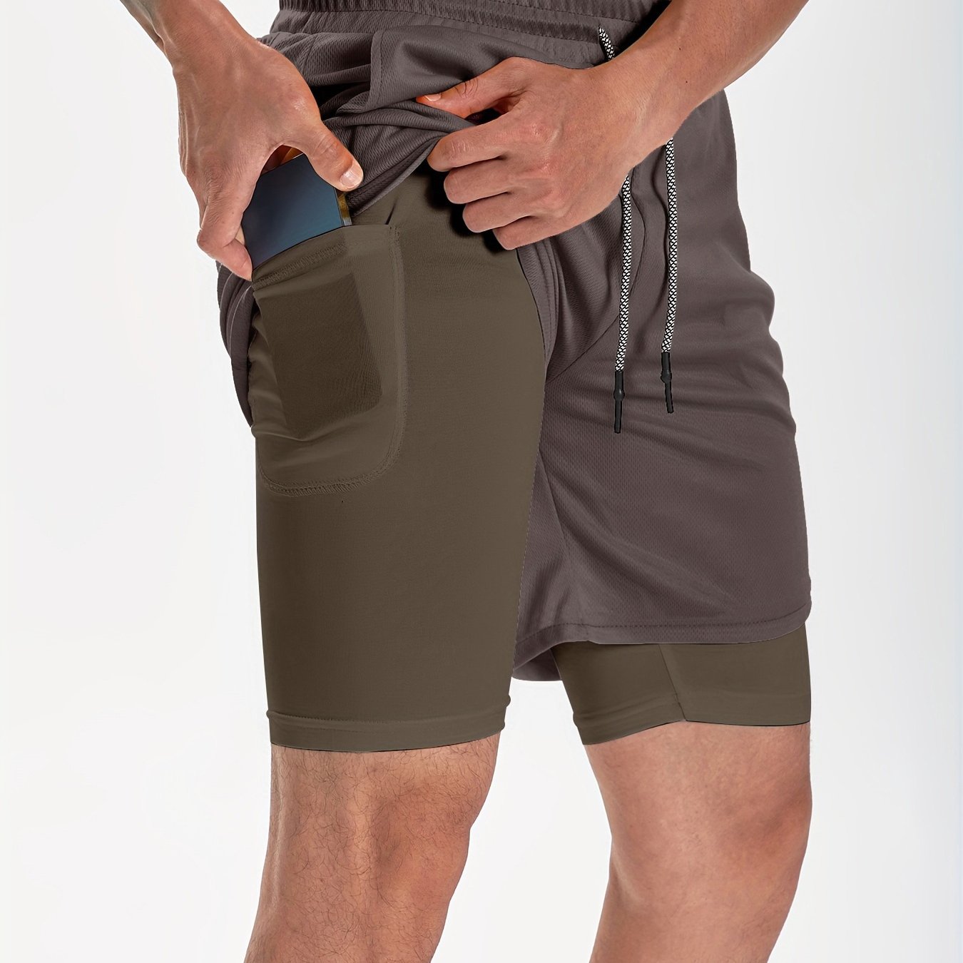 Men's 2 In 1 Workout Running Shorts, Quick Dry Athletic Gym Training Multicolor Shorts With Phone Pockets