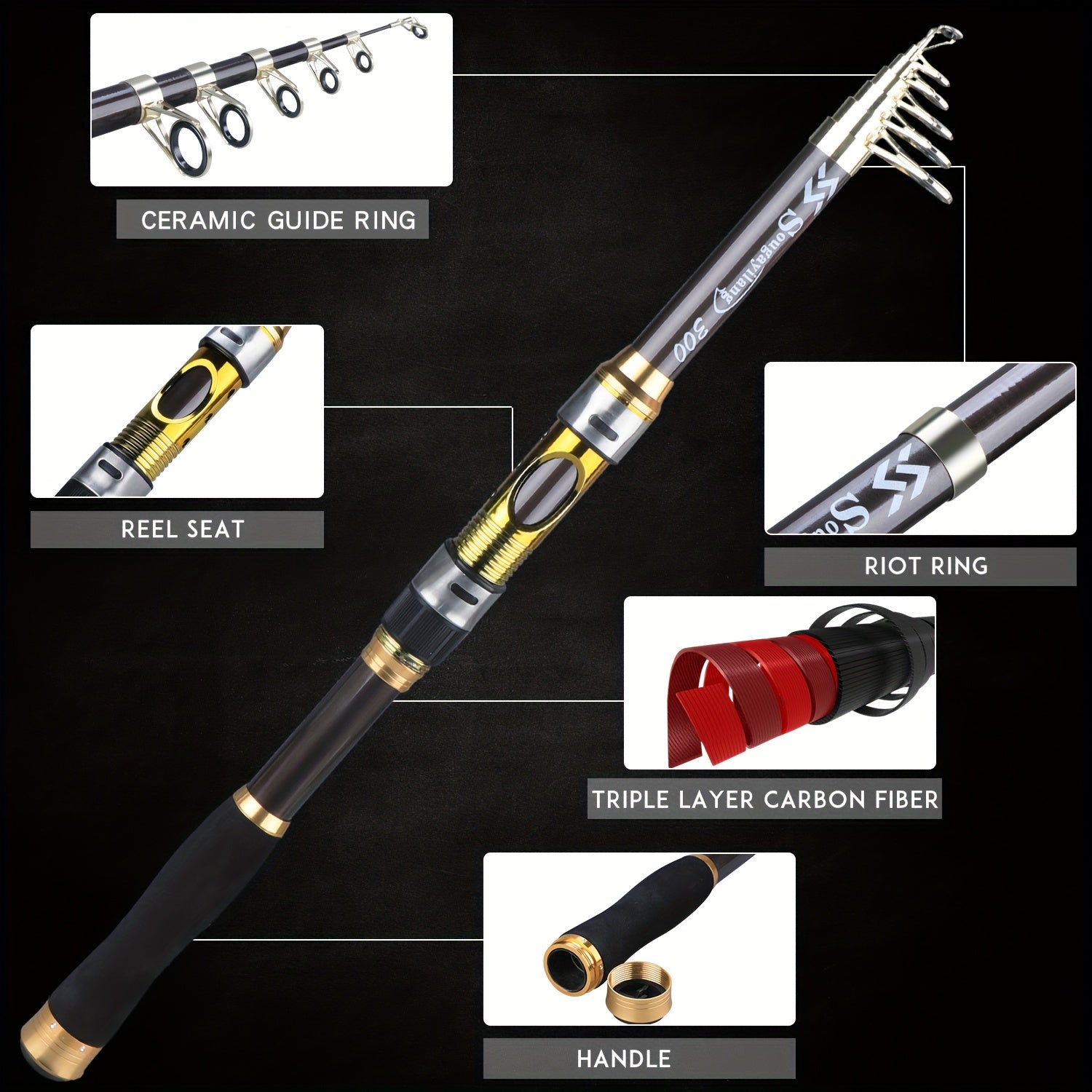 [Quality Construction] Sougayilang Ultralight Carbon Fiber Spinning Fishing Rod - Portable, Medium Action, 204.83-299.92cm Extendable Length, Black & Golden with Comfort Grip Handle - Ideal for All Anglers