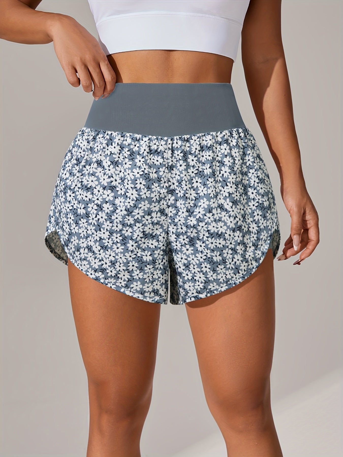 [Yoga Activewear] Women's Light Blue Yoga Shorts - Casual & Loose-Fit, High-Waisted with Ruffle Detail, Stretchy Polyester-Elastane Blend, Machine Washable, Perfect for Spring/Summer/Fall