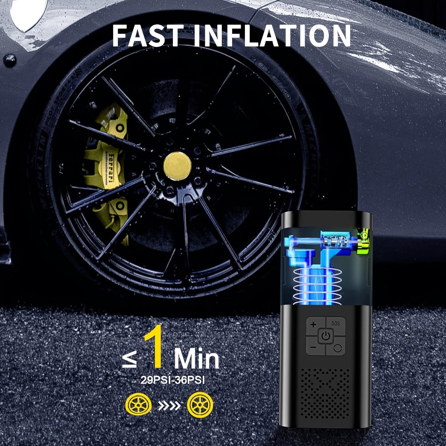 Portable Air Compressor Tire Inflator, 150PSI Car Tire Pump with Pressure Gauge, LED Light And 3X Faster Single-Button Smart Wireless Tire Pump for Cars, Motorcycles