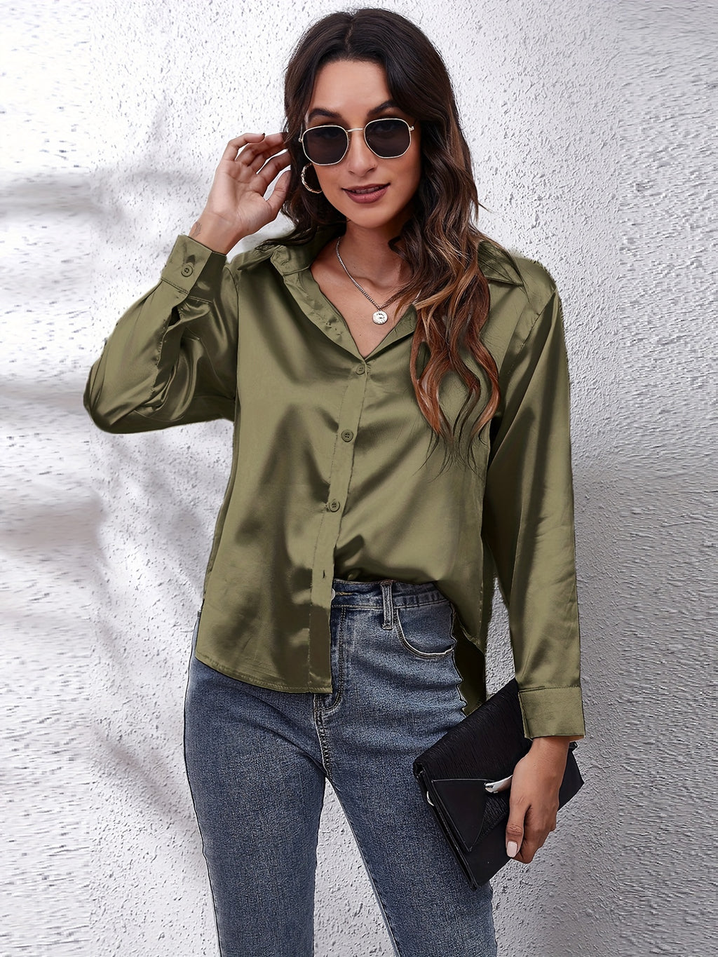 Solid Color Long Sleeve Button Down Tops, Business Casual Blouses For All Seasons, Women's Clothing