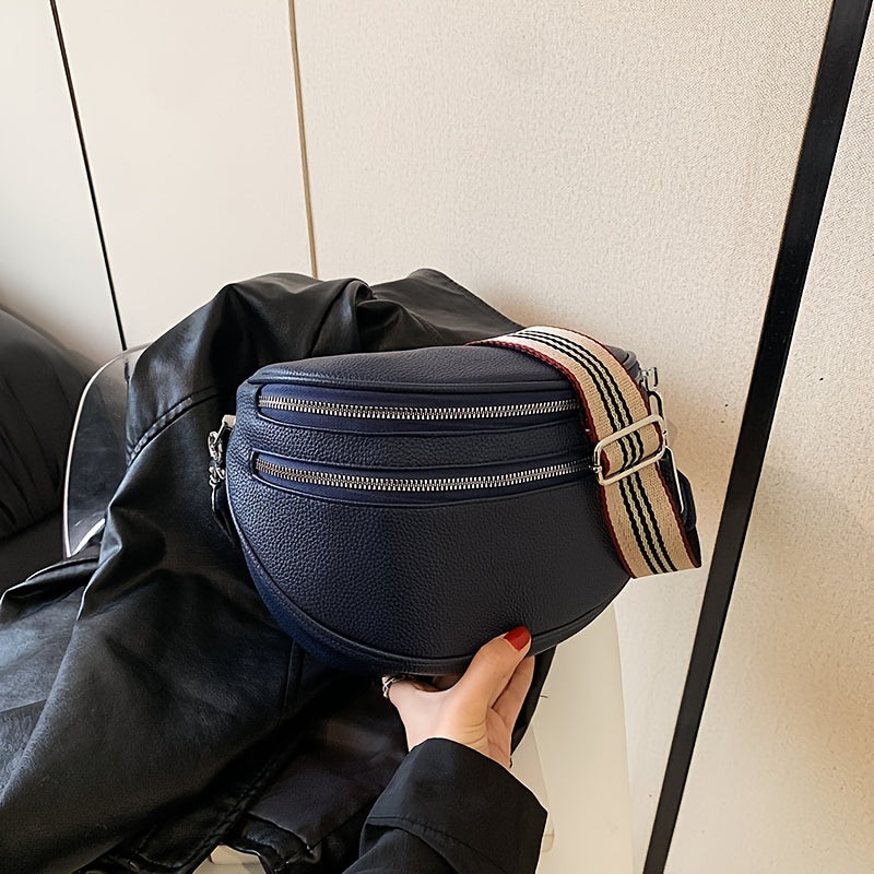 Black Synthetic Leather Crossbody Bag with Adjustable Striped Strap - Large Capacity Shoulder Messenger Bag for Women, Zipper Closure, Polyester Lining, Versatile Solid Color Design