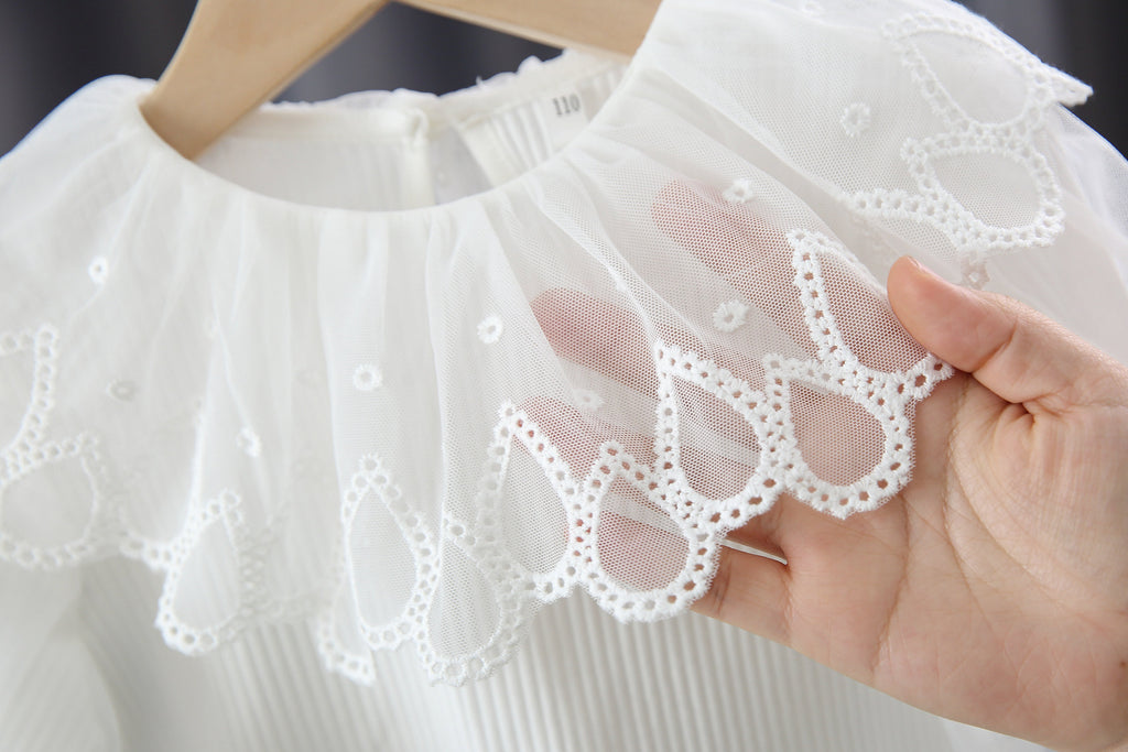 Girls Long Puff Sleeve Flower Lace Splicing Ruffles Round Neck Ribbed T-Shirts Tops Kids Clothes