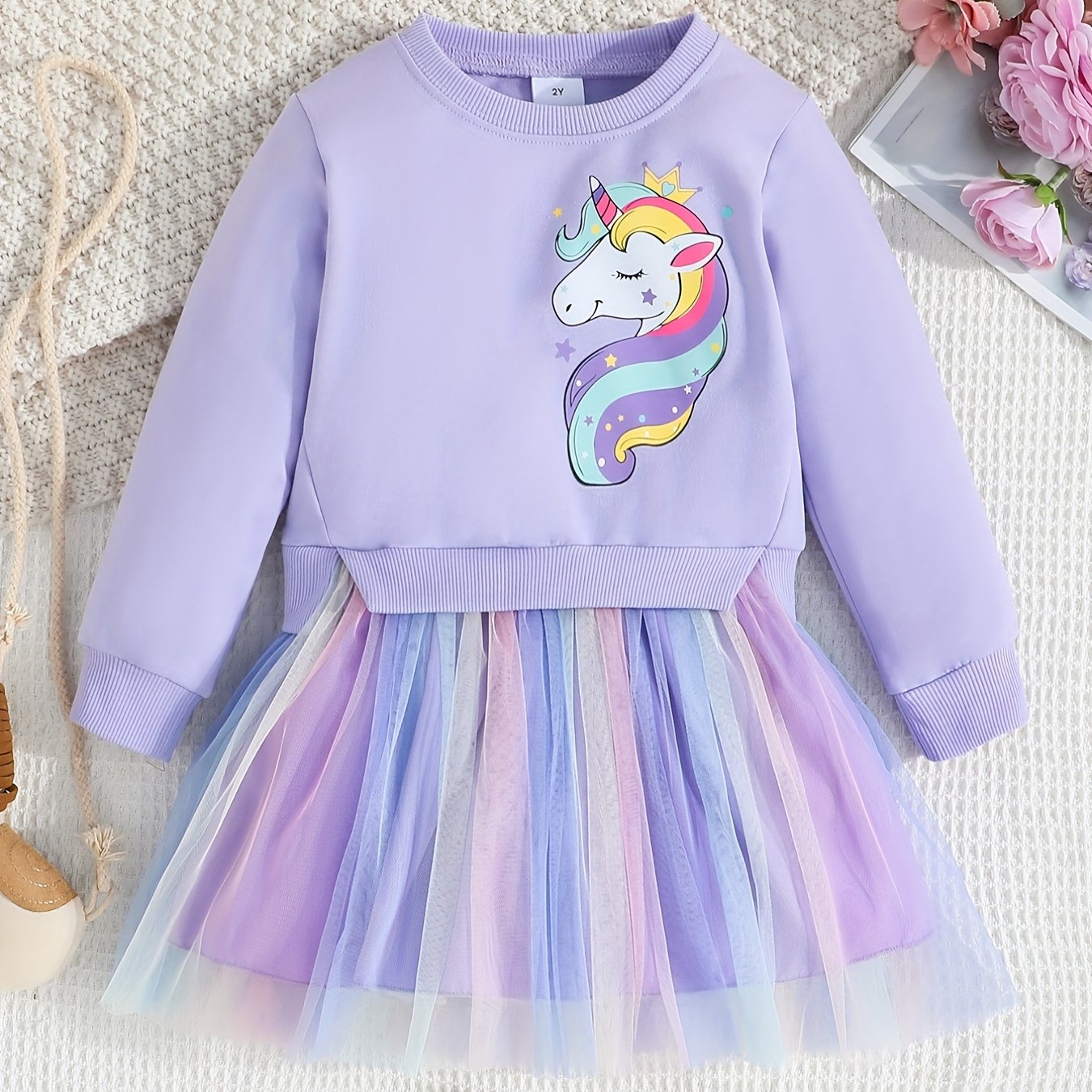 Toddler Girls Long Sleeve Cute Unicorn Graphic Color Block Mesh Spliced Princess Dress For Party Kids Clothes