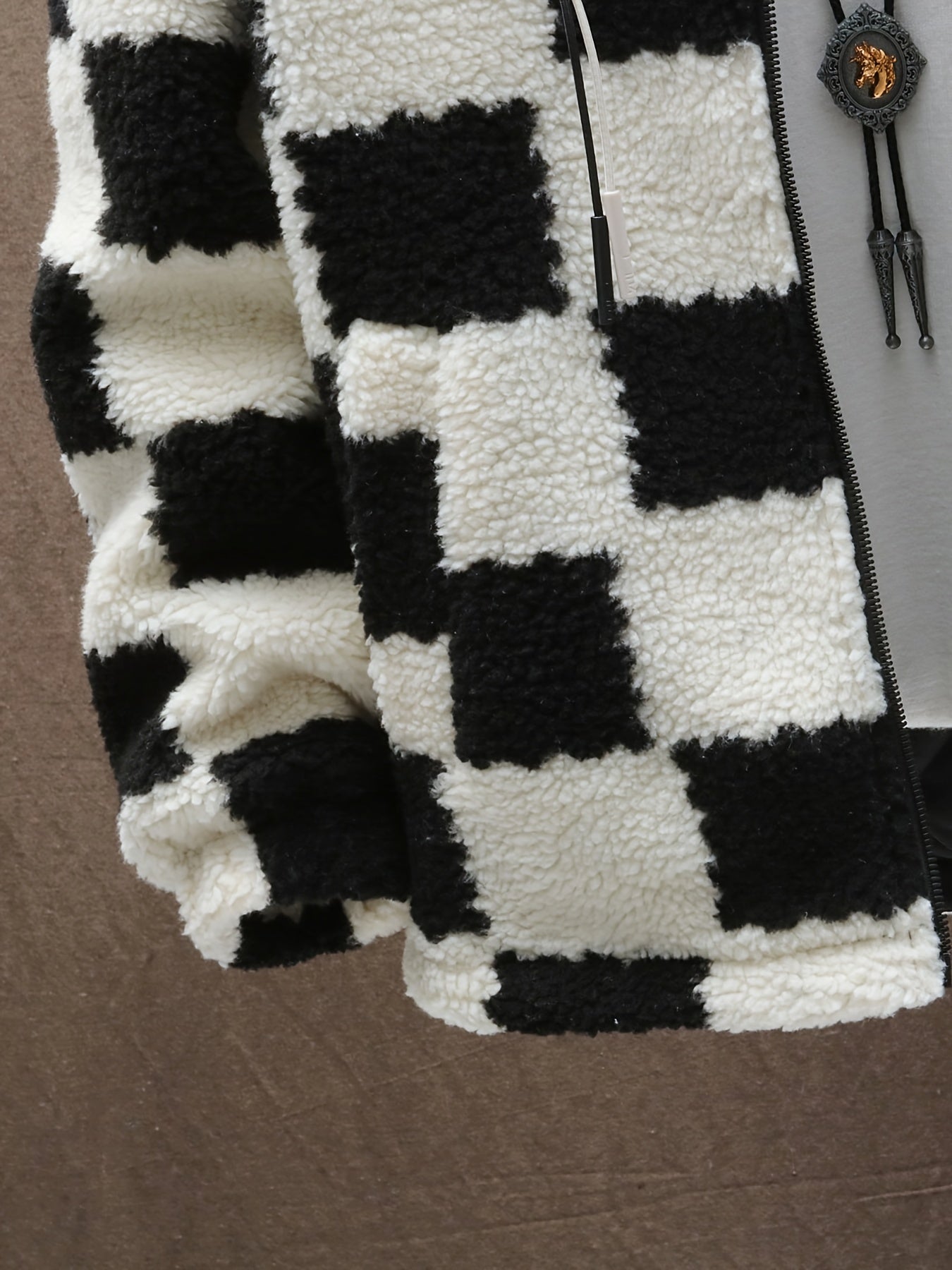 Men'S Plush Checkered Winter Coat - Blue & White, Loose Fit, Stand Collar, Zip-Up Jacket with Drawstring Hood, Casual Style for Fall/Winter, Winter Coat