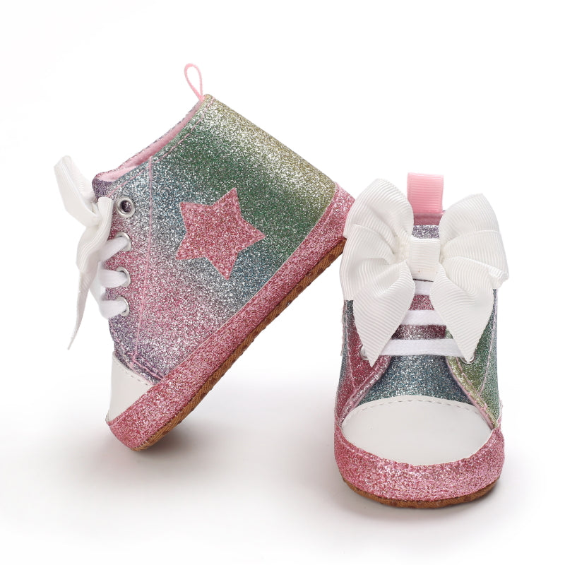 Infant Baby Gils Canvas Shoes, Soft-soled Non-slip High Top First Walker Shoes With Bow Decor