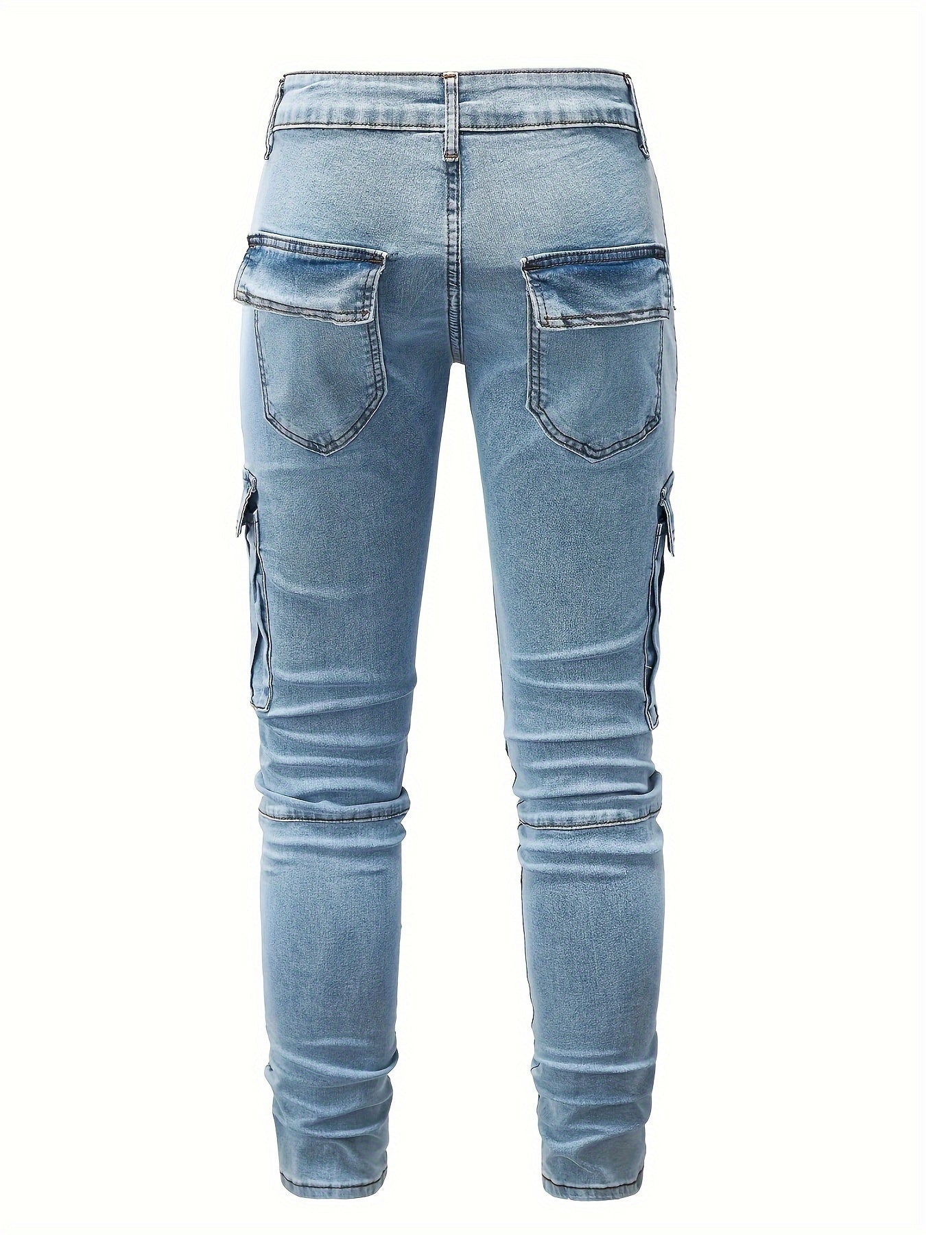 Men's Solid Color Multi-pocket Skinny Jeans For Autumn And Winter