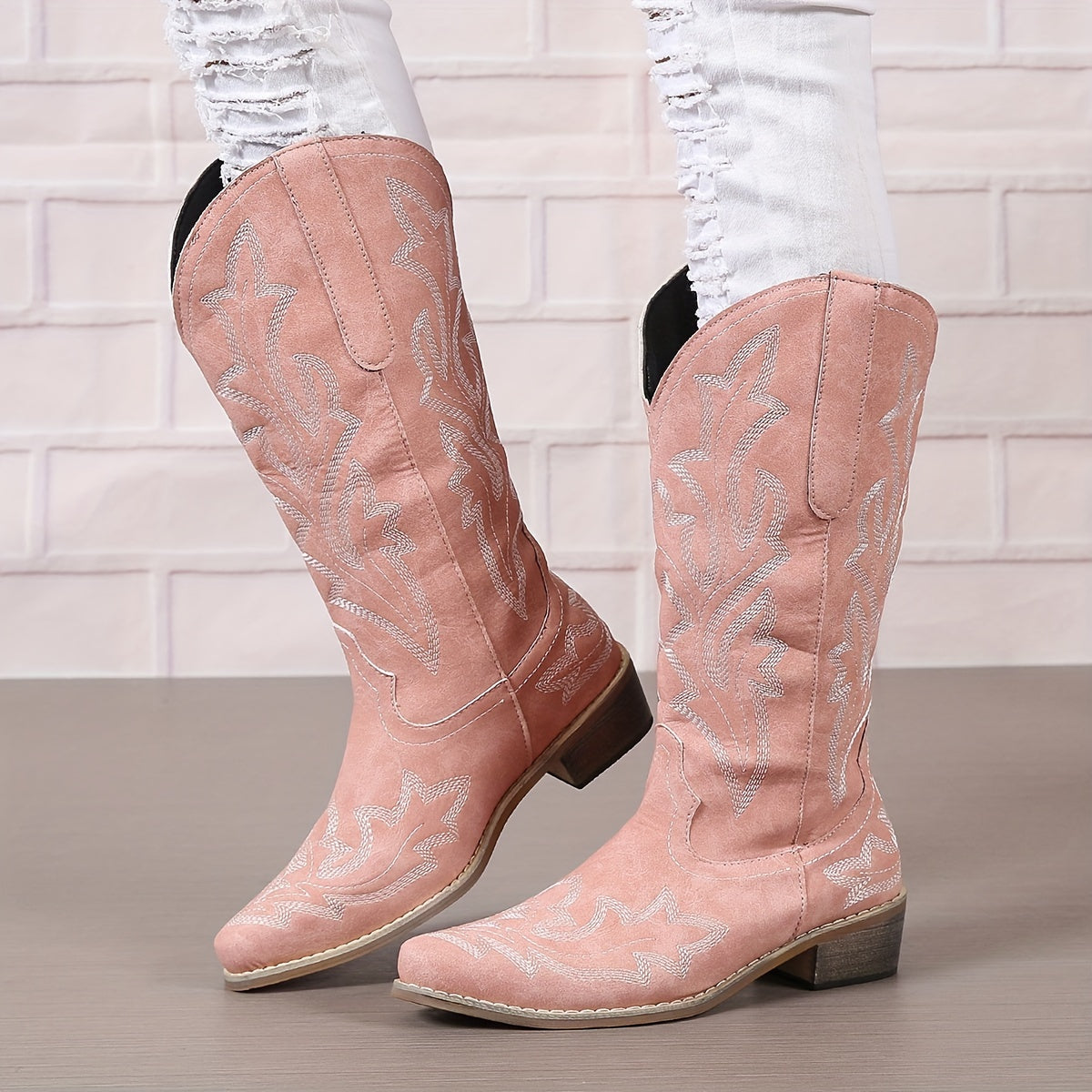 [Retro Cowgirl Boots] Retro Style Women's Western Mid Calf Boots | V-cut Embroidery Cowgirl Boots, Pointed Toe Slip On Shoes