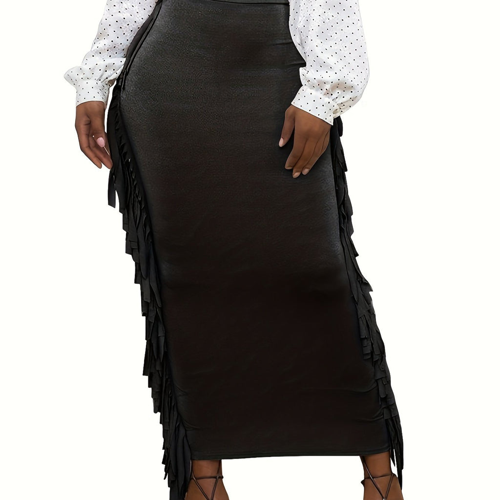 Black Elastic Waist Sides Tassel Maxi Skirt