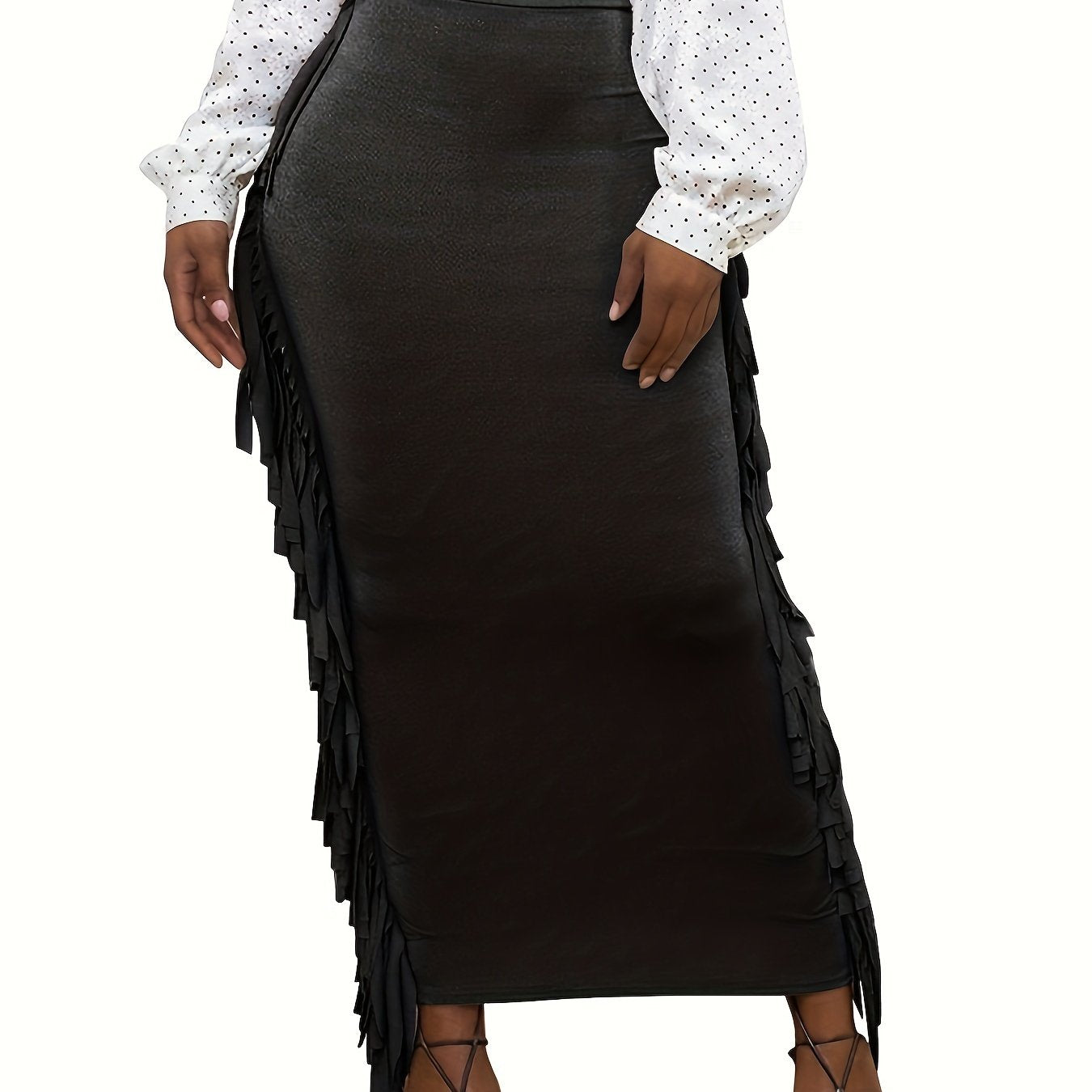Black Elastic Waist Sides Tassel Maxi Skirt