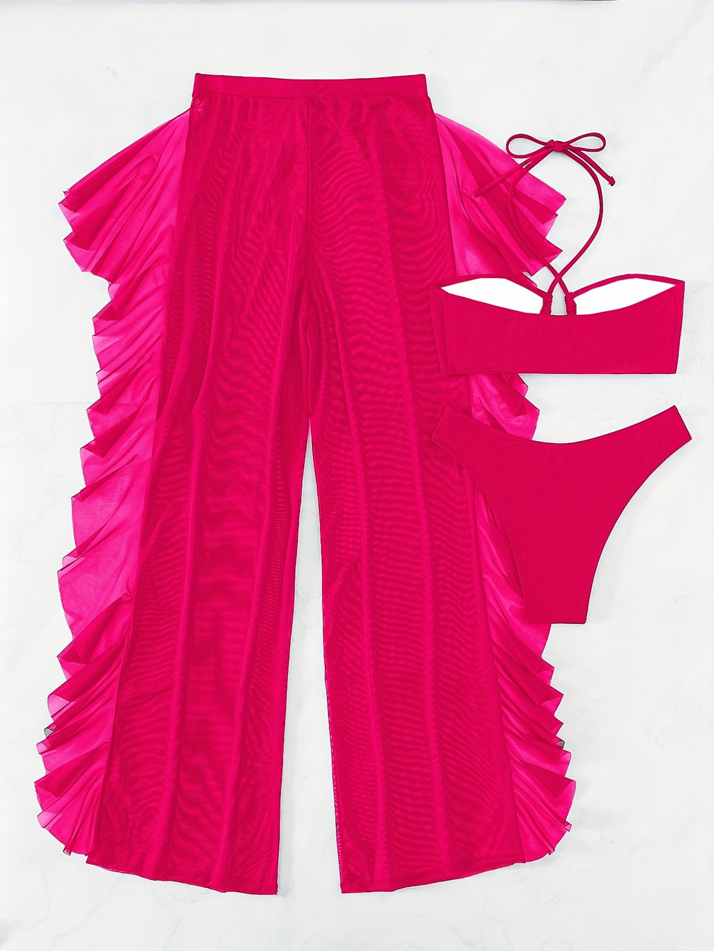 Dreiteiliger Bikini-Badeanzug für Damen: Dreiteiliger Badeanzug aus schwarzem, sexy, halbtransparentem Mesh mit gerafftem, gekreuztem Bund und Höschen.