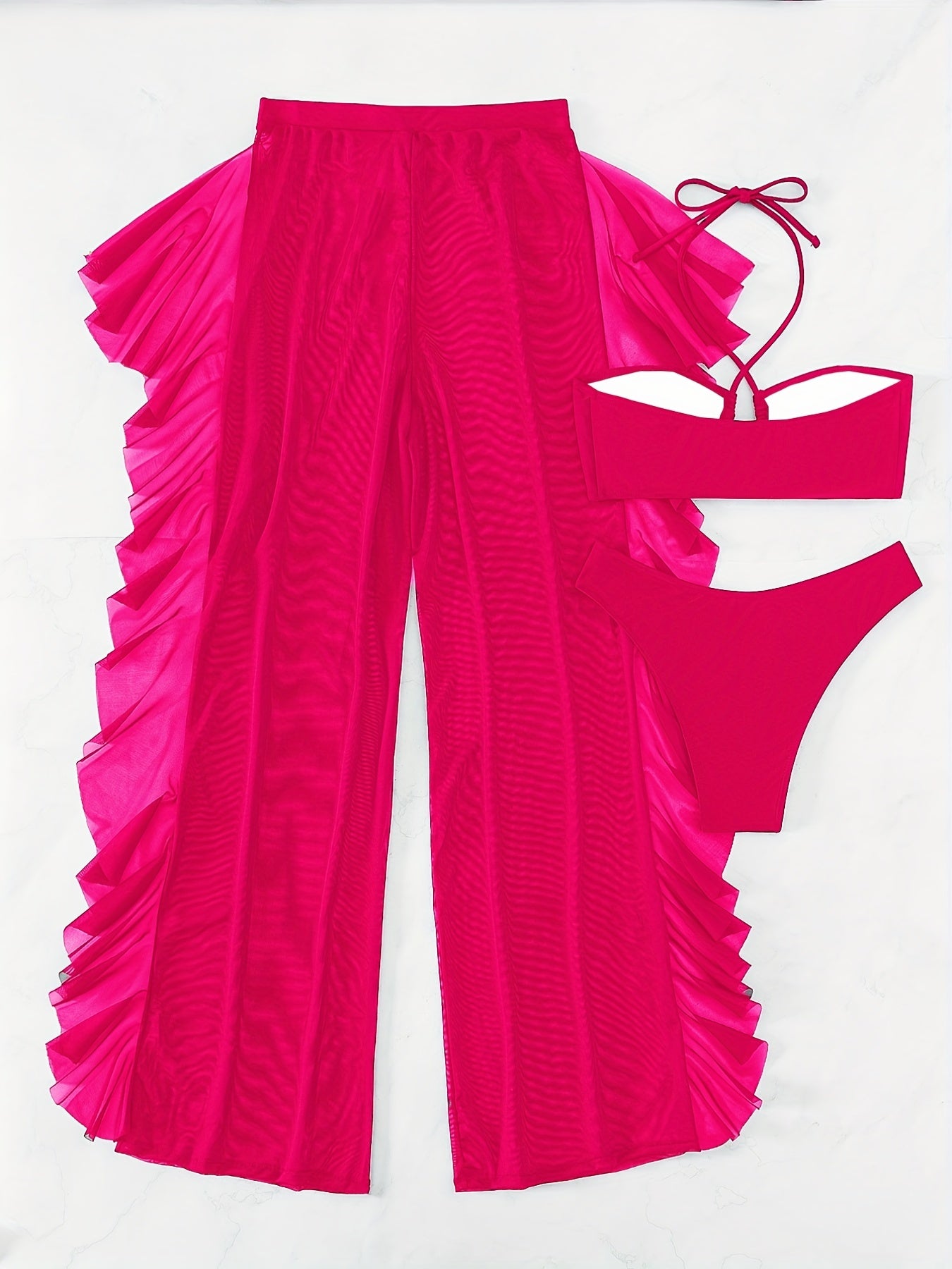 Dreiteiliger Bikini-Badeanzug für Damen: Dreiteiliger Badeanzug aus schwarzem, sexy, halbtransparentem Mesh mit gerafftem, gekreuztem Bund und Höschen.