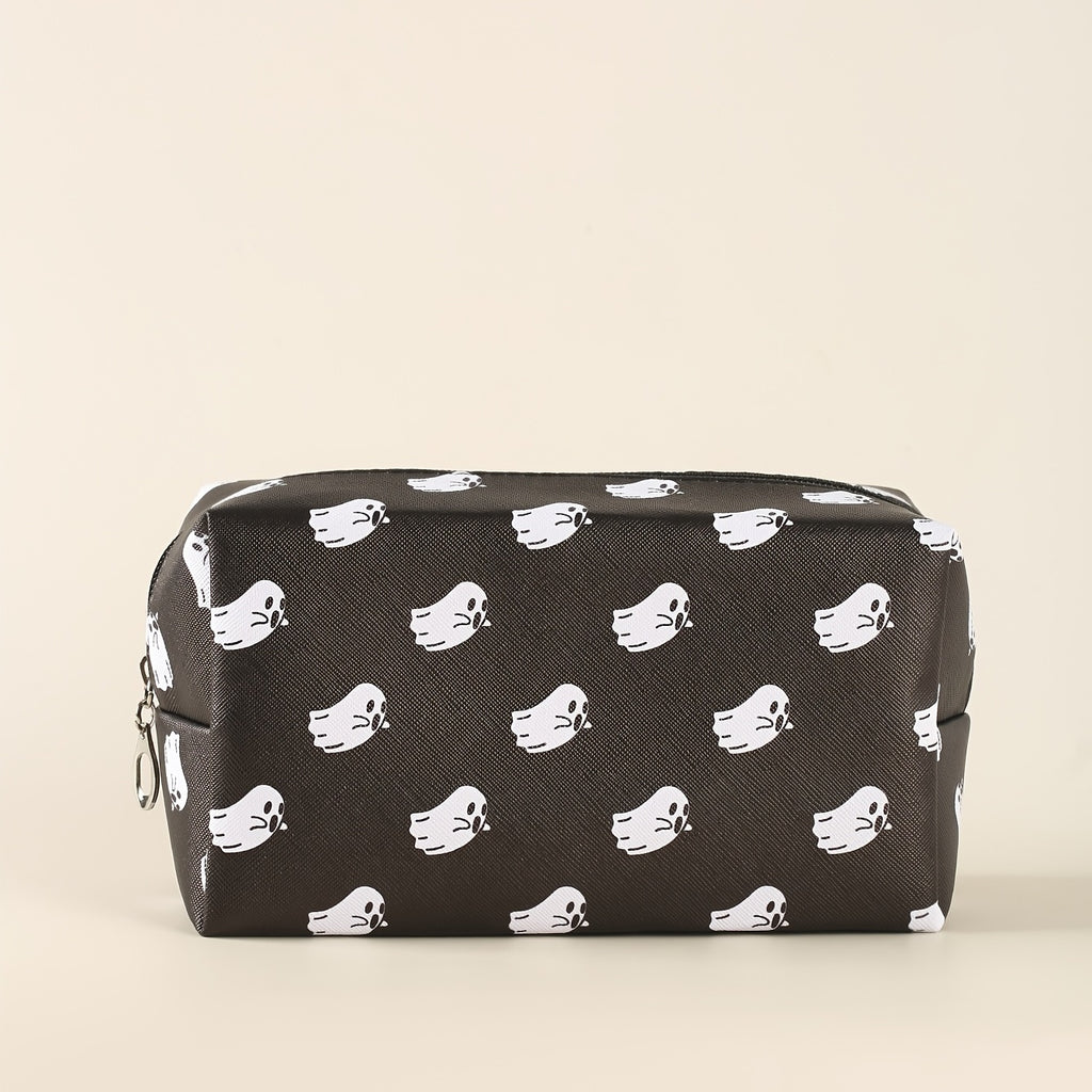 Halloween Little Ghost Print Makeup Pouch Zipper Roomy Square Cosmetic Bag Travel Accessories Organizer Halloween Gift For Friends Men Women