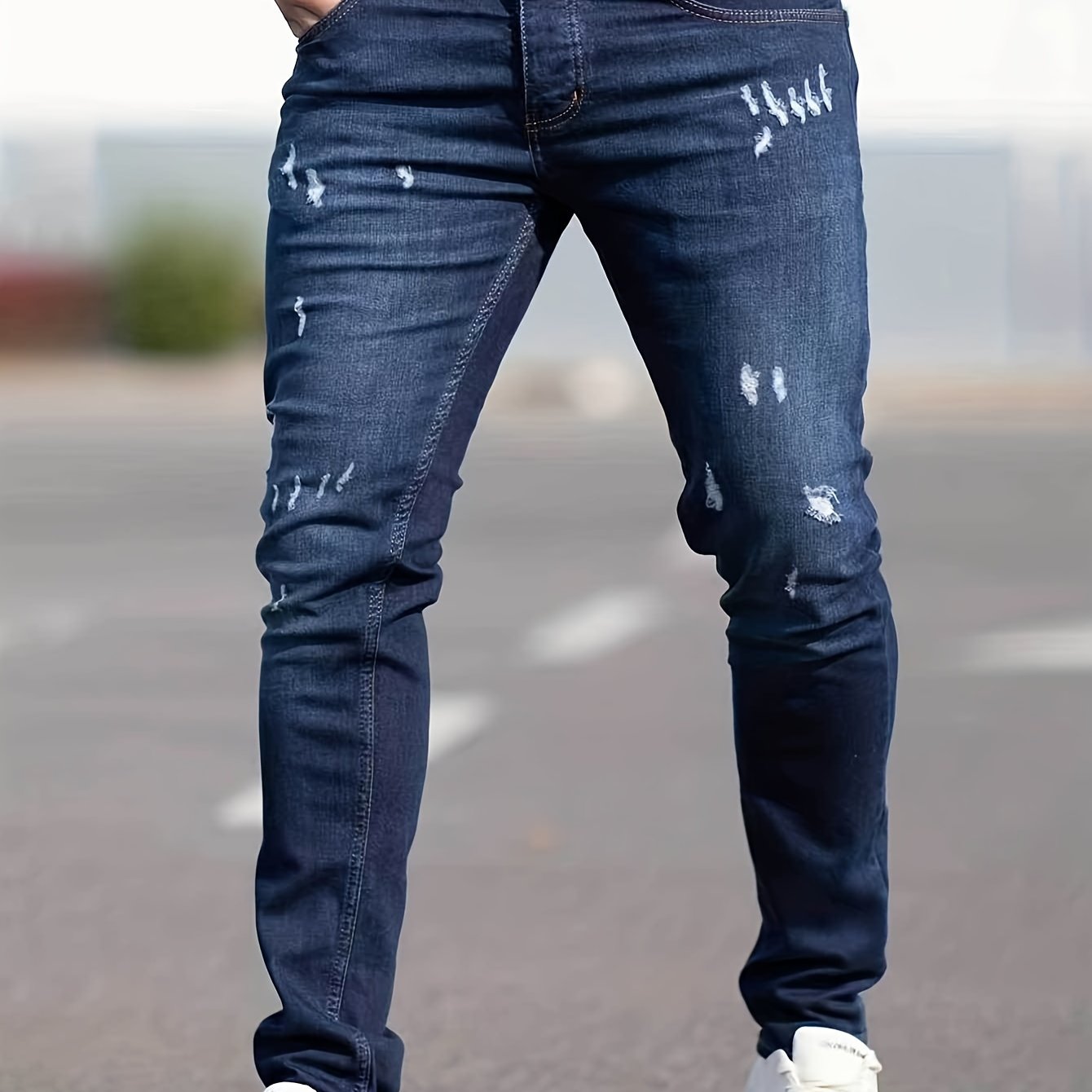 Slim Fit Ripped Jeans, Men's Casual Street Style Distressed Medium Stretch Denim Pants