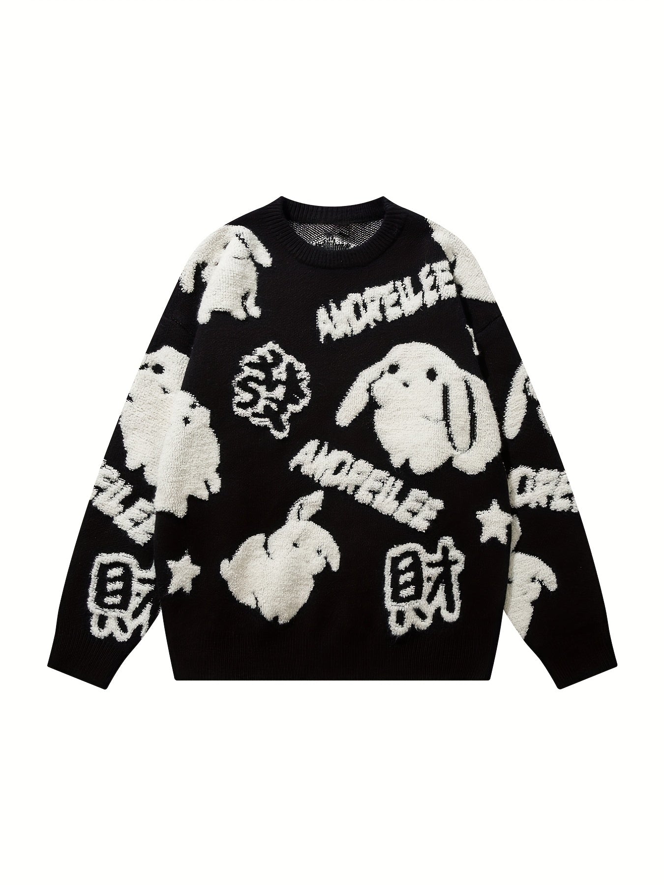 YWFG Cute Knitted Cute Rabbit & Wealth Chenille Embroidery Sweater, Men's Casual Warm Crew Neck Pullover Sweater For Men Fall Winter