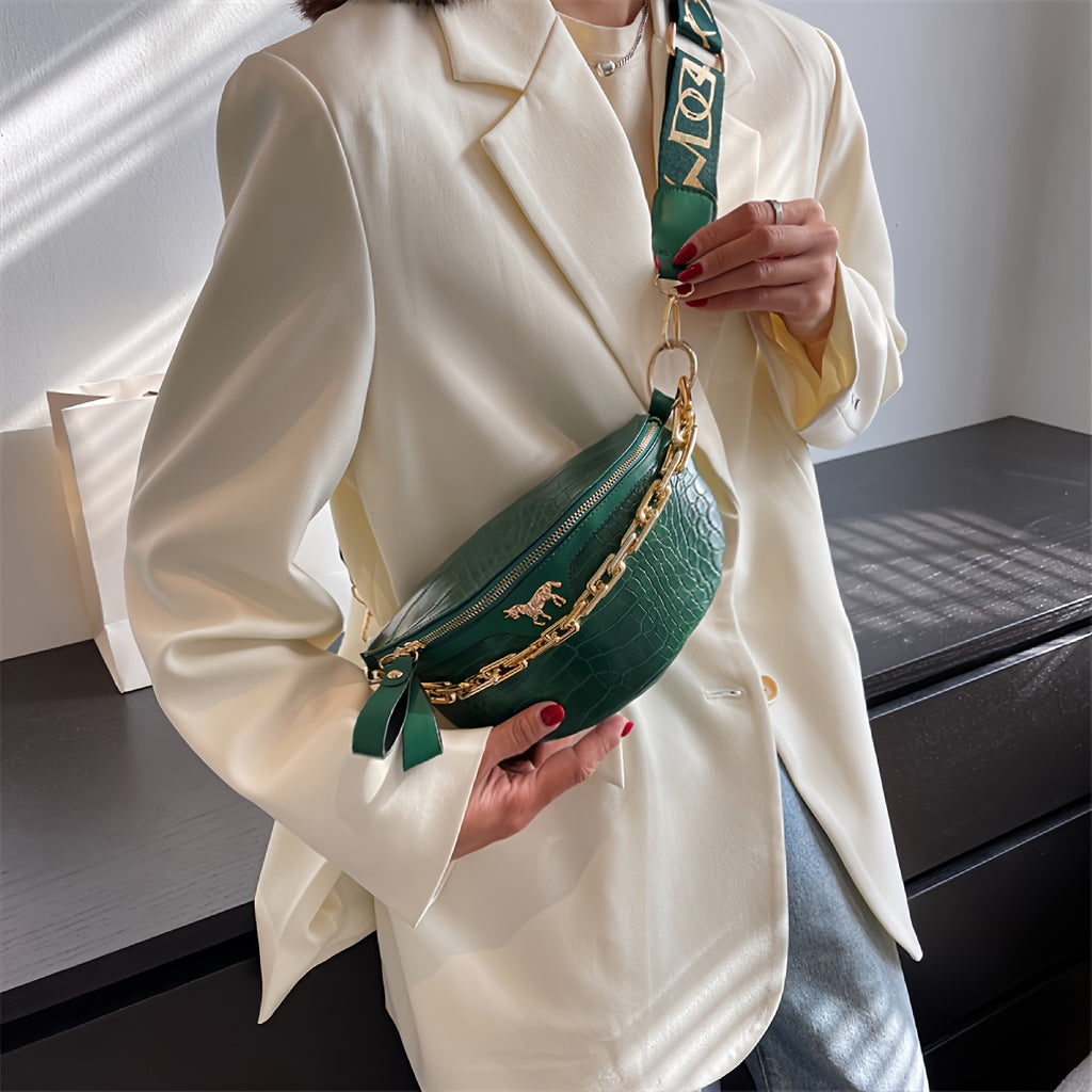 Crocodile Embossed Waist Bag Chain Decor Zipper Fanny Pack, Cool Faux Synthetic Leather Chest Bag for Women