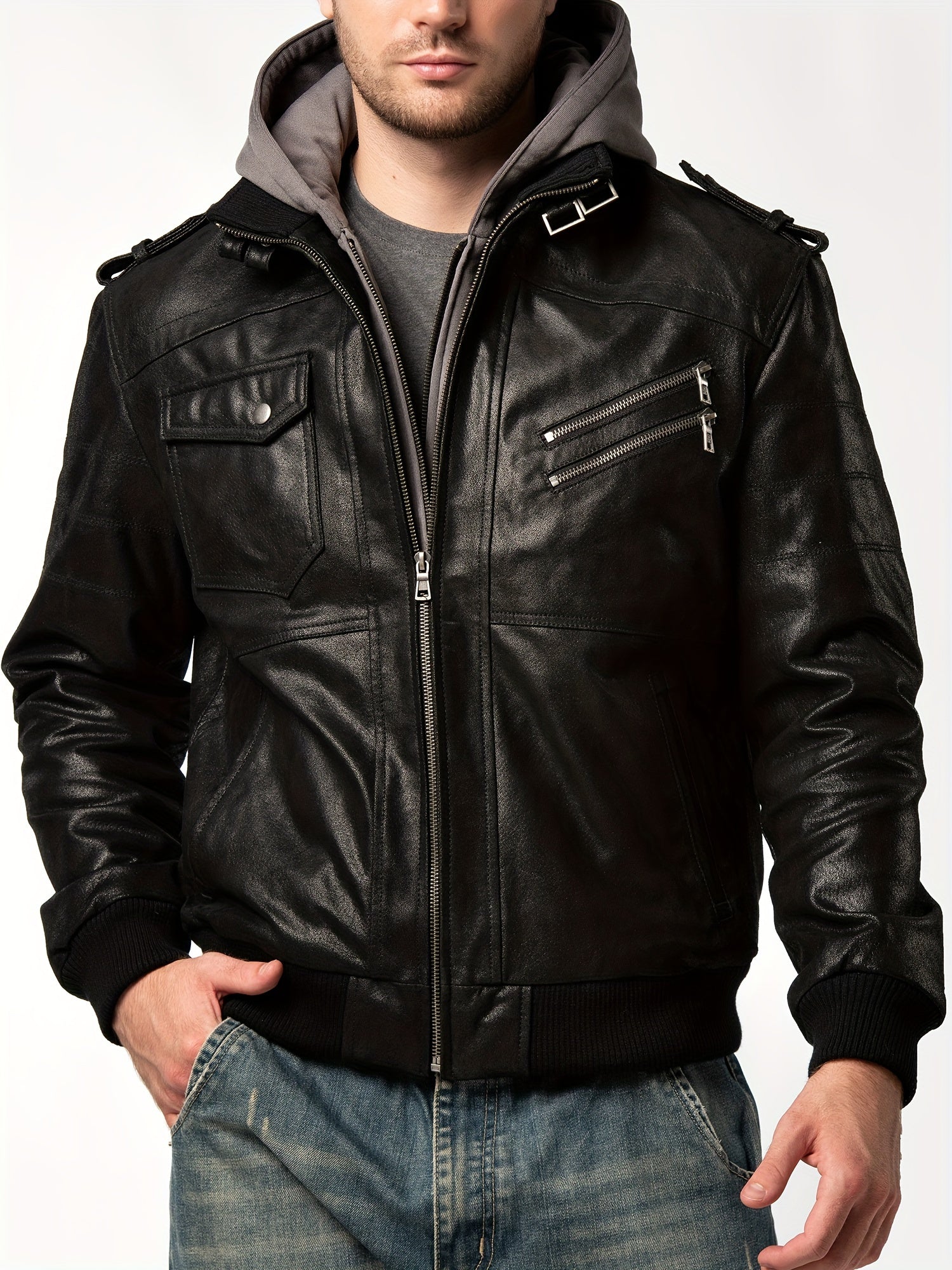 Men's Brown Leather Motorcycle Jacket with Removable Hood - FLAVOR