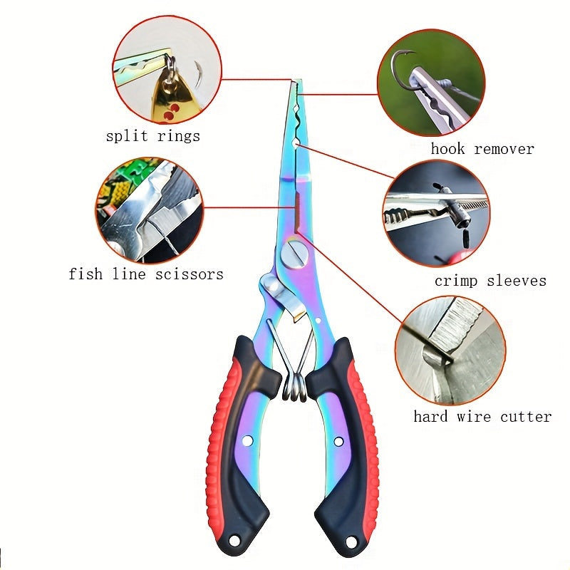 [Stainless Steel Fishing Pliers] Multi-Function Stainless Steel Fishing Pliers - Hooked Bent Nose - Color Titanium Open Ring Line Cutter - Lead Pressing Anti-Slip Handle
