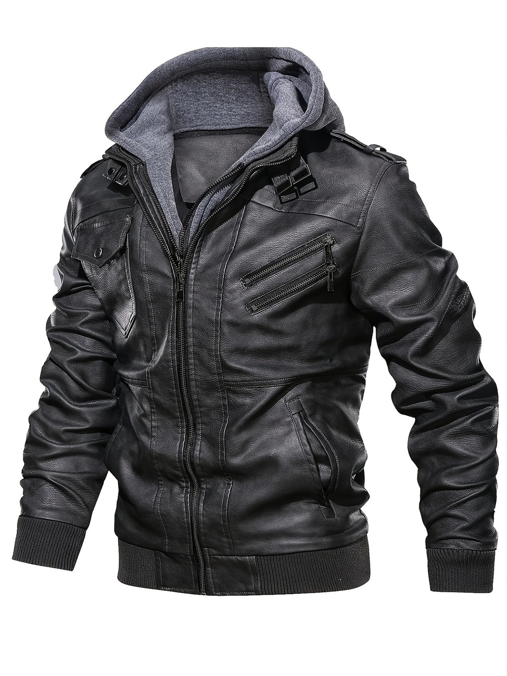 Men's PU Leather Hooded Pockets Zipper Long Sleeves Jackets