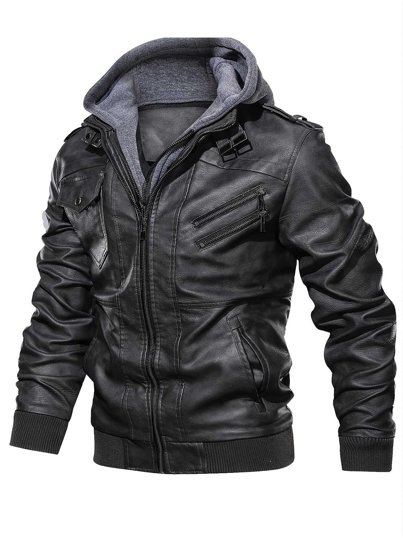Men's PU Leather Hooded Pockets Zipper Long Sleeves Jackets