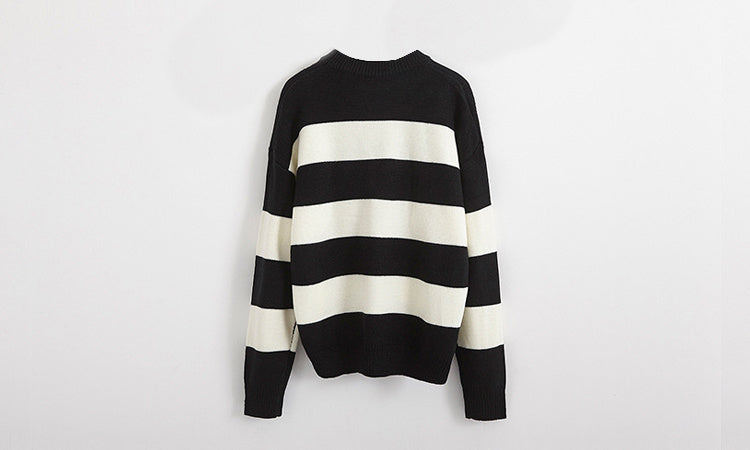 Kawaii Round Neck Striped Pullover Sweater, Casual Every Day Top For Winter & Fall, Women's Clothing