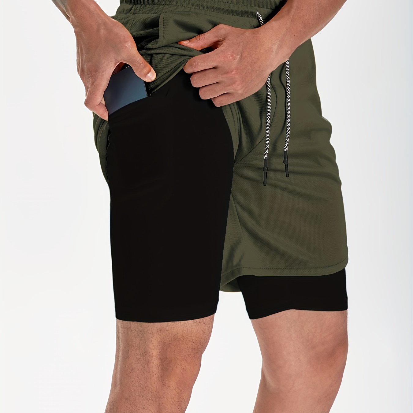 Men's 2 In 1 Workout Running Shorts, Quick Dry Athletic Gym Training Multicolor Shorts With Phone Pockets