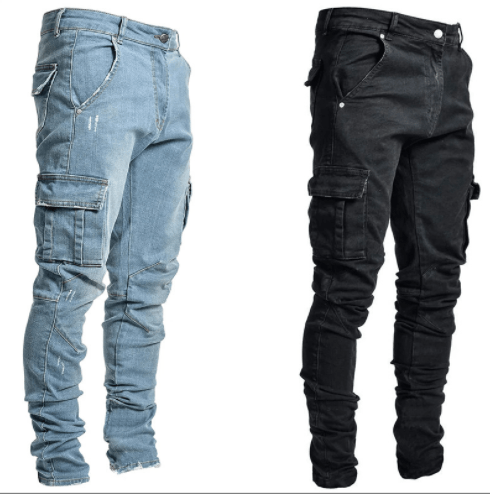 Men's Solid Color Multi-pocket Skinny Jeans For Autumn And Winter
