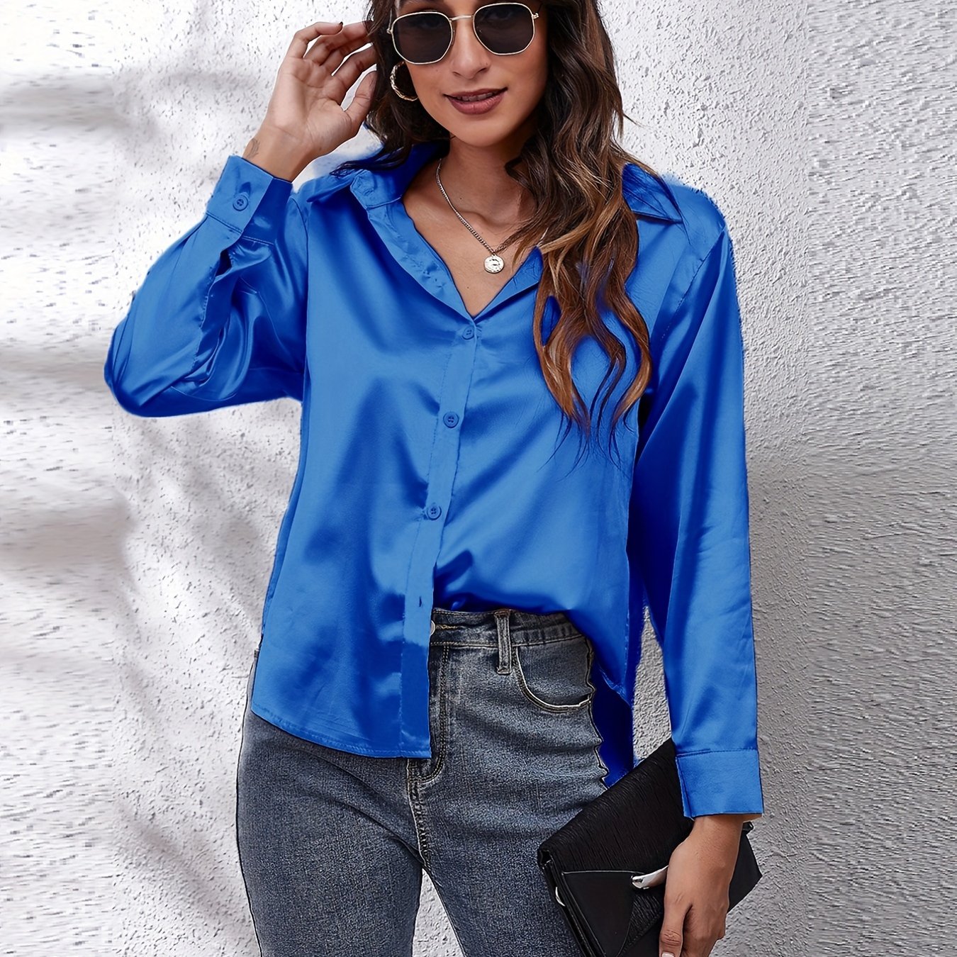 Solid Color Long Sleeve Button Down Tops, Business Casual Blouses For All Seasons, Women's Clothing