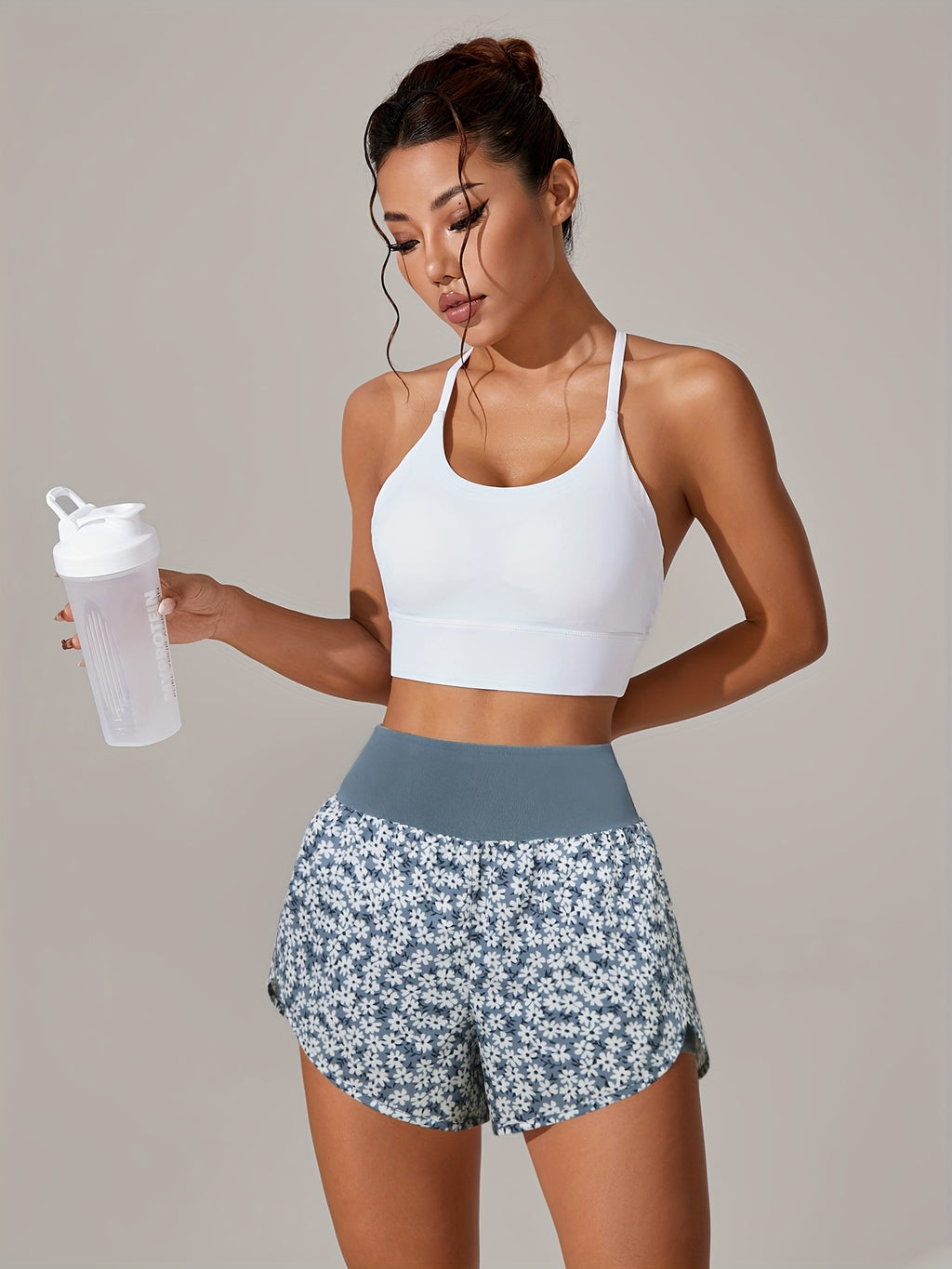 [Yoga Activewear] Women's Light Blue Yoga Shorts - Casual & Loose-Fit, High-Waisted with Ruffle Detail, Stretchy Polyester-Elastane Blend, Machine Washable, Perfect for Spring/Summer/Fall