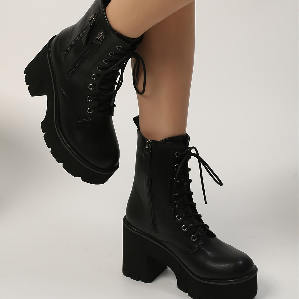 Women's Solid Color Platform Boots, Side Zipper Casual Chunky Heel Ankle Shoes, Winter Round Toe Trendy Boots