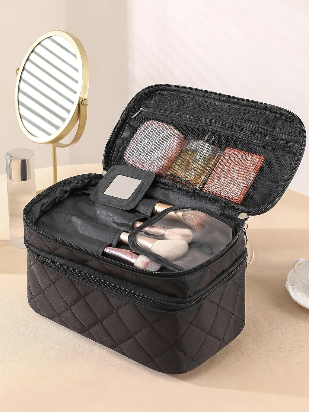 [Fashionable Makeup Bag] Double Layer Makeup Bag | Fashionable Nylon Quilted Pattern, Multi-functional Large Capacity Travel Storage Toiletry Bag