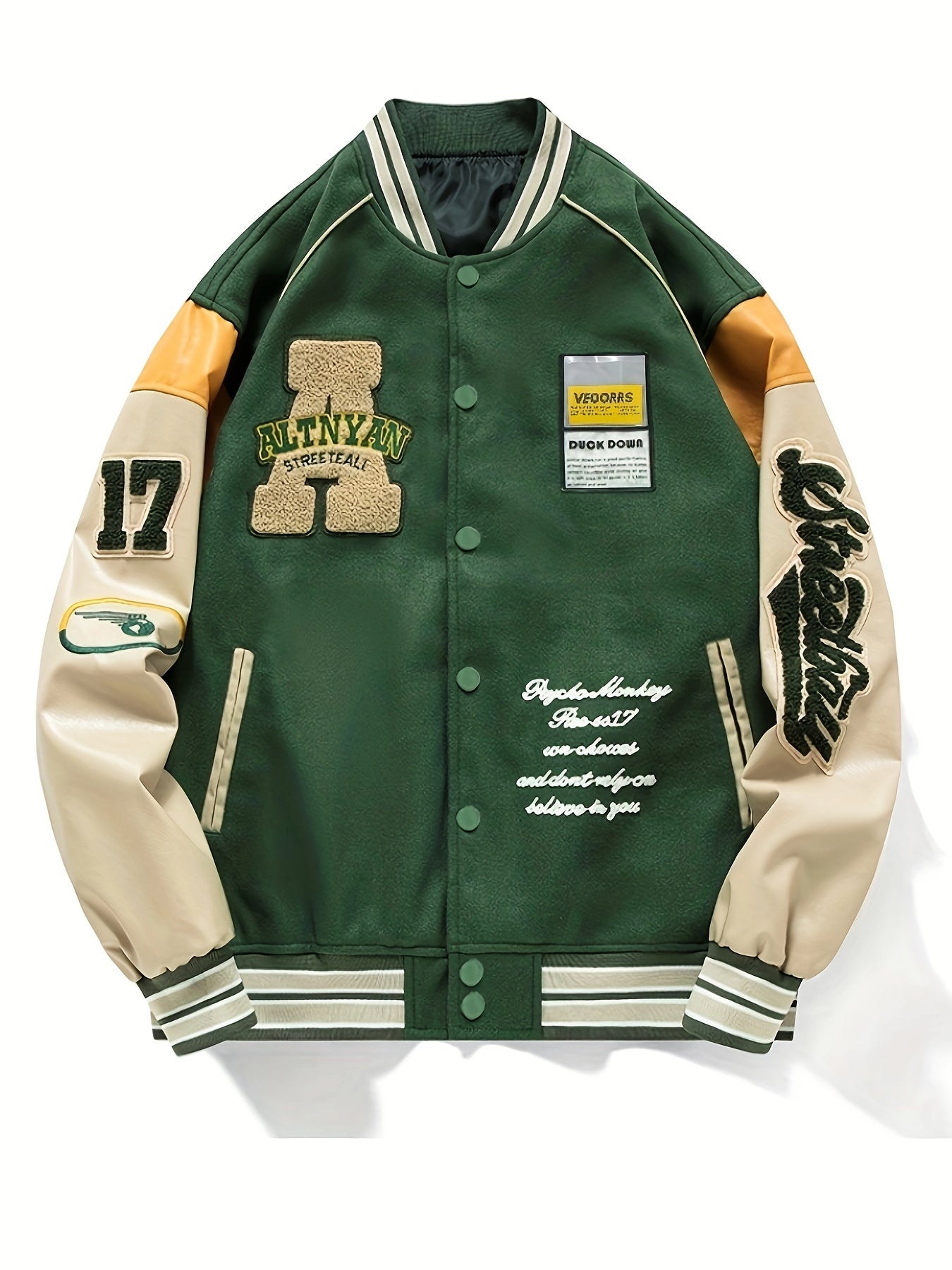 Loose Vintage Baseball Jacket With Embroidered Letters Print For Men, Color Block Sports Button Up Jacket With Pockets, Spring Fall Outdoor