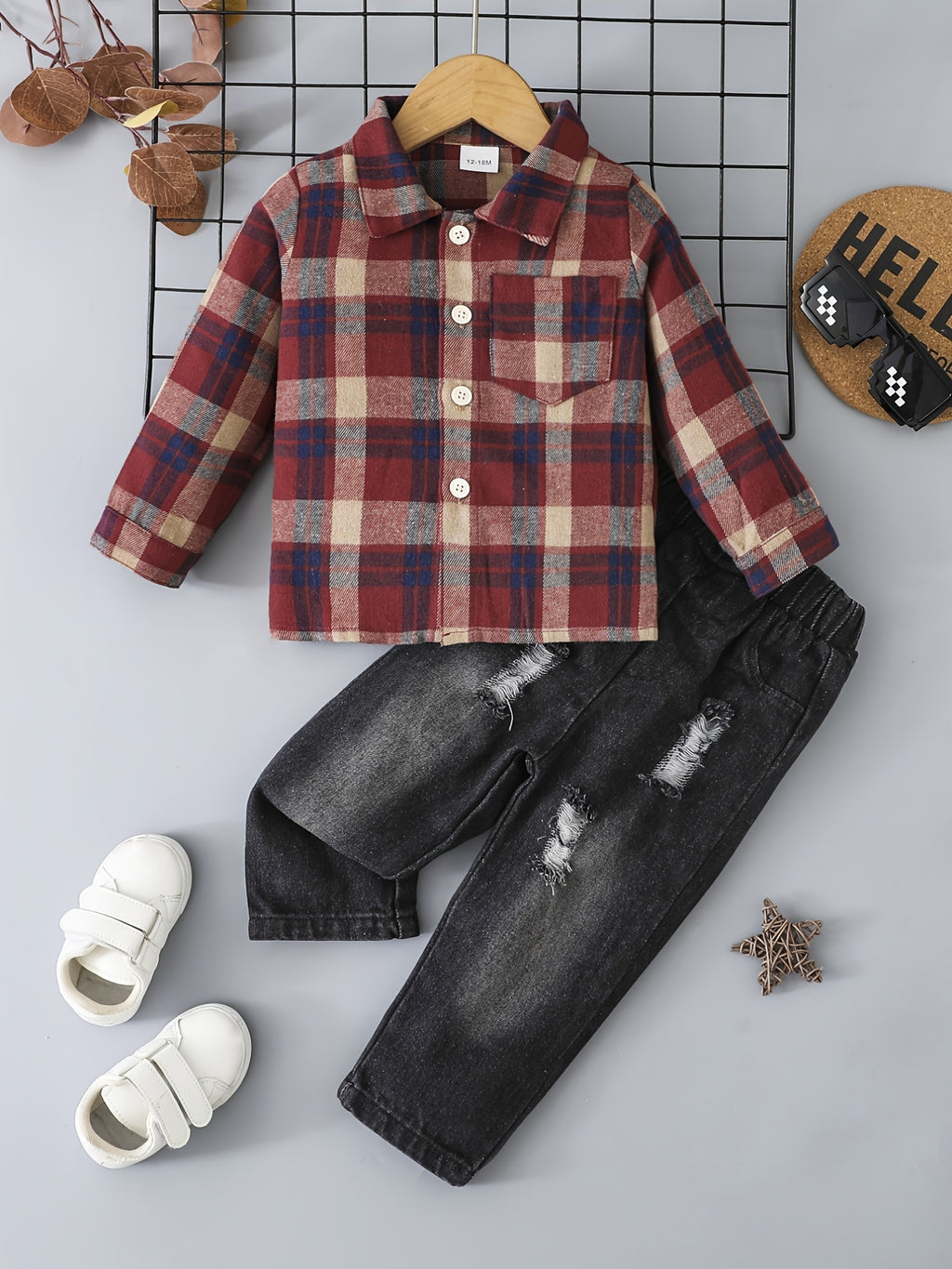 Boy's Casual Plaid Button-Up Shirt & Ripped Imitation Denim Pants Set - Cozy Polyester, Non-Transparent, Perfect for Fall/Winter, Perfect for Outdoor