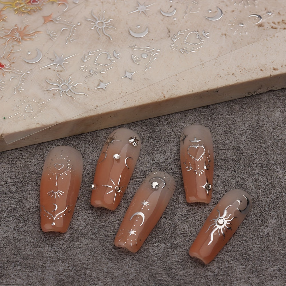 Golden Sun, Moon, and Star Nail Art Stickers - Self-Adhesive 3D Decals for French Nail Design and DIY Decoration
