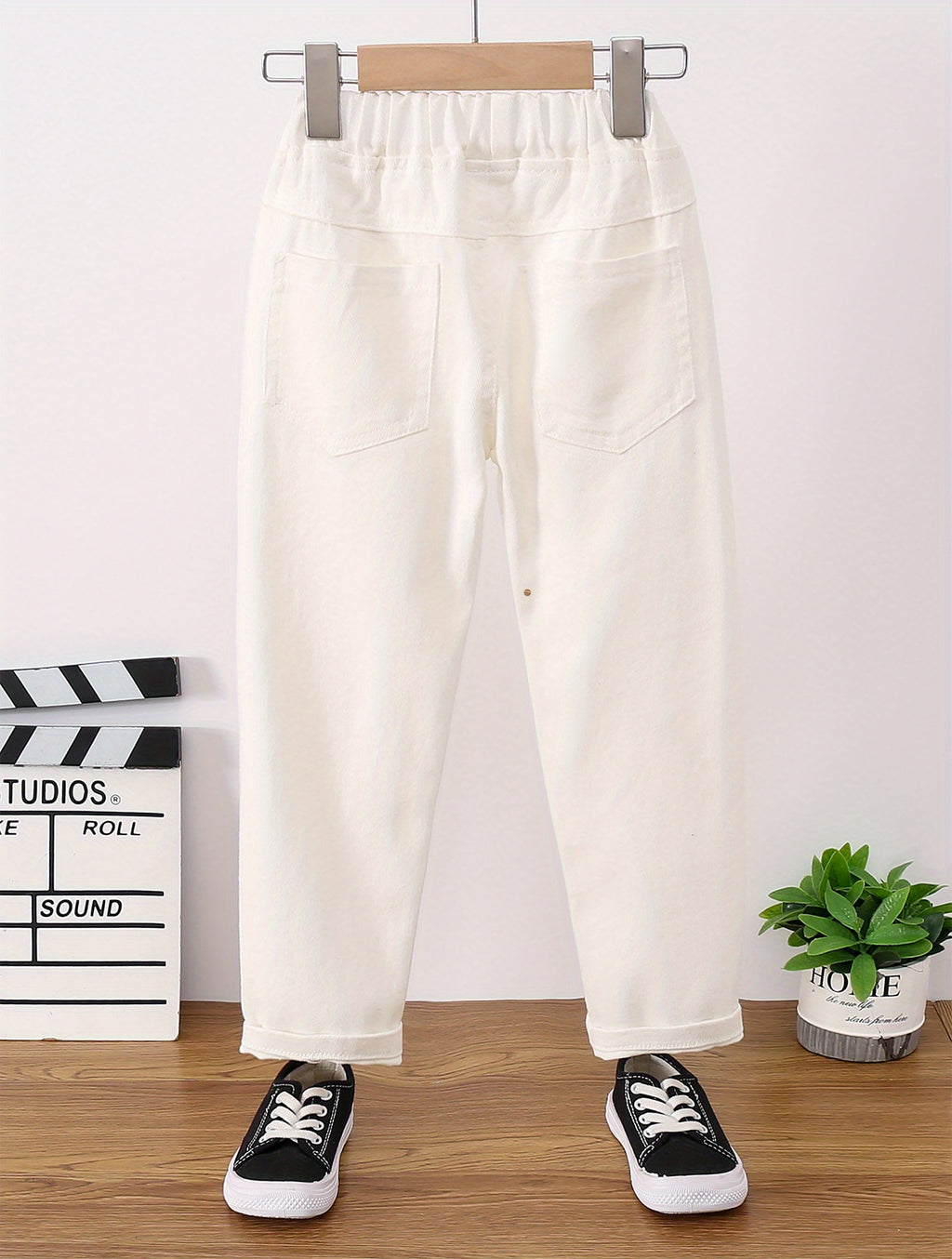 Girls Ripped Tapered Jeans, Cartoon Pattern Elastic Waistband Denim Jeans Kids Clothes