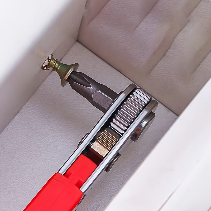 1pc Red Steel Multi-Function Screwdriver with Ratchet, Elbow Wrench, Right Angle Bender, Cross Head Set - Narrow Space Compatible, Manual Uncharged Tool, No Battery Required