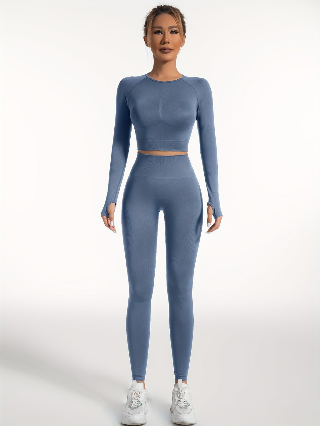 Women's Yoga Sports Suits, Seamless Stretchy Fitness Suits, Long Sleeve Thumb Hole Cropped Top & Slimming Leggings, Women's Activewear