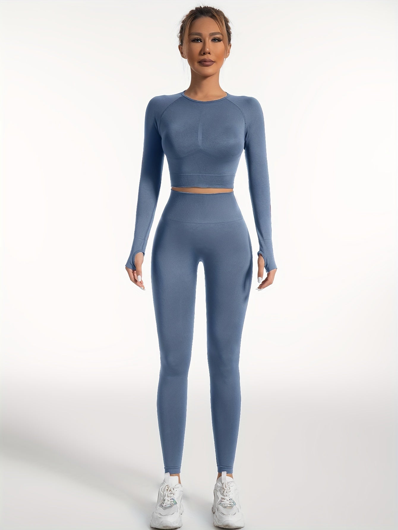 Women's Yoga Sports Suits, Seamless Stretchy Fitness Suits, Long Sleeve Thumb Hole Cropped Top & Slimming Leggings, Women's Activewear