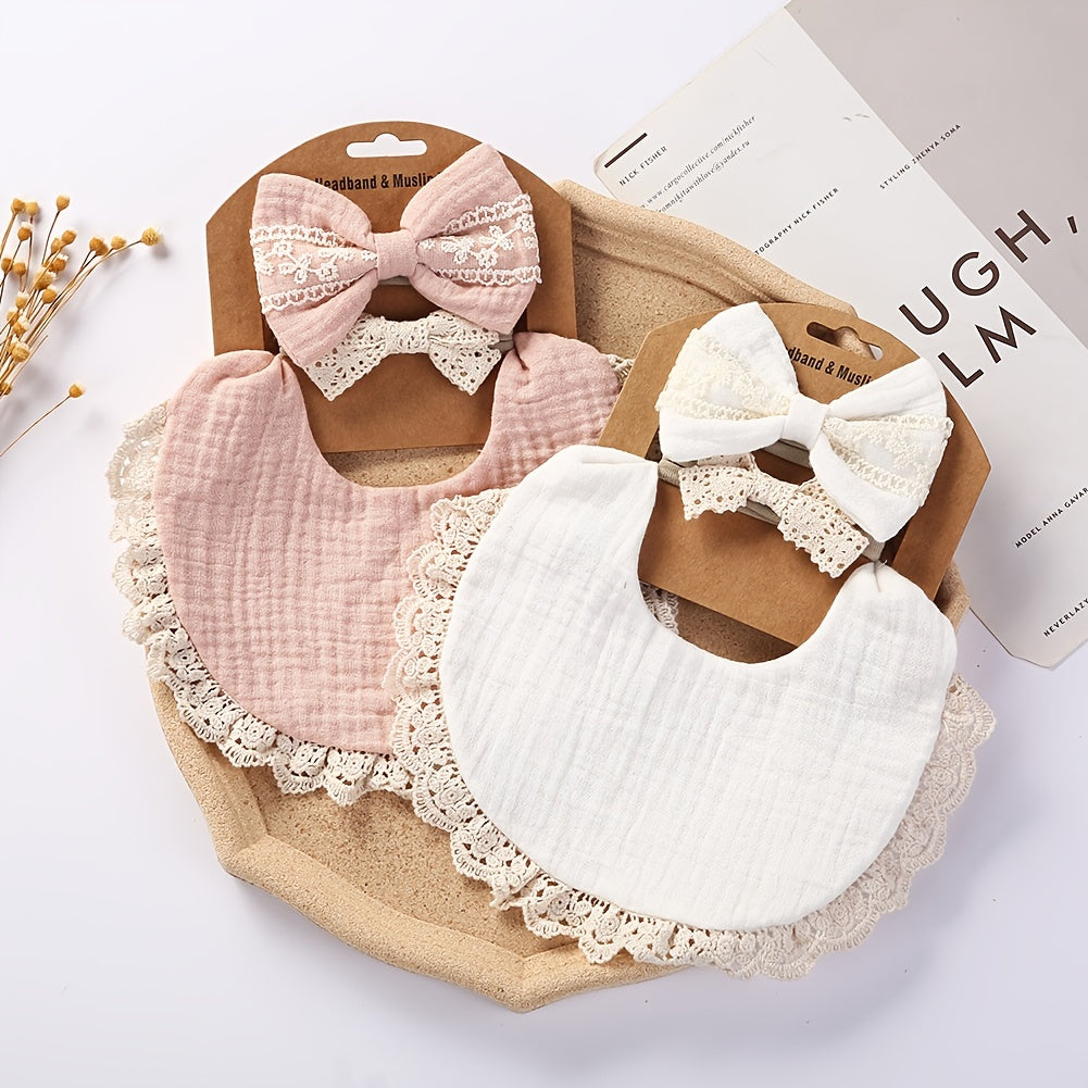 Two Headbands + One Bib Set, New Baby Bib, Kids Lace Bow Headband, Baby Crepe Stain Resistant Bib Set