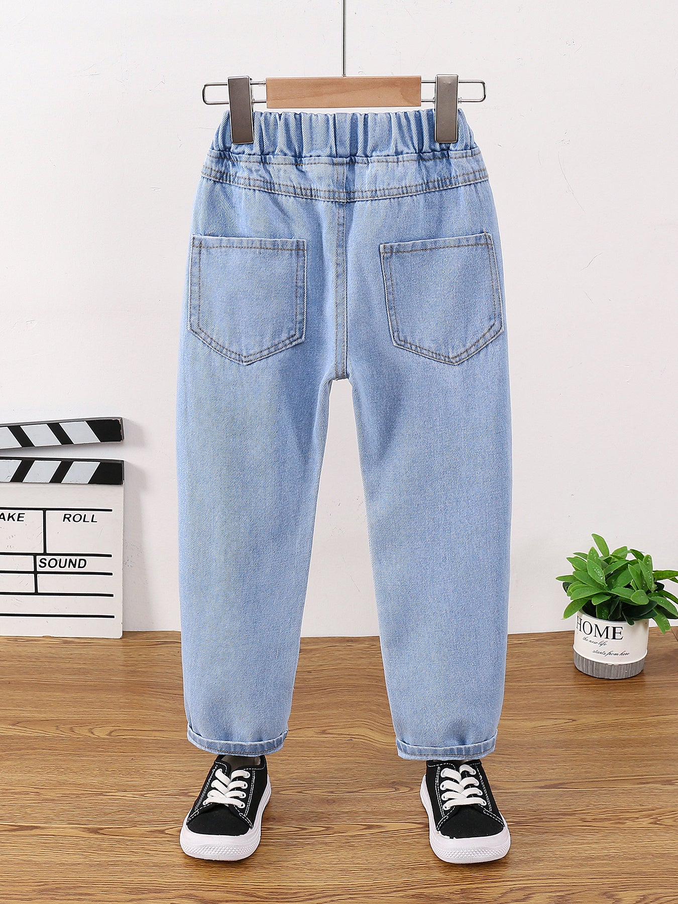 Girls Ripped Tapered Jeans, Cartoon Pattern Elastic Waistband Denim Jeans Kids Clothes